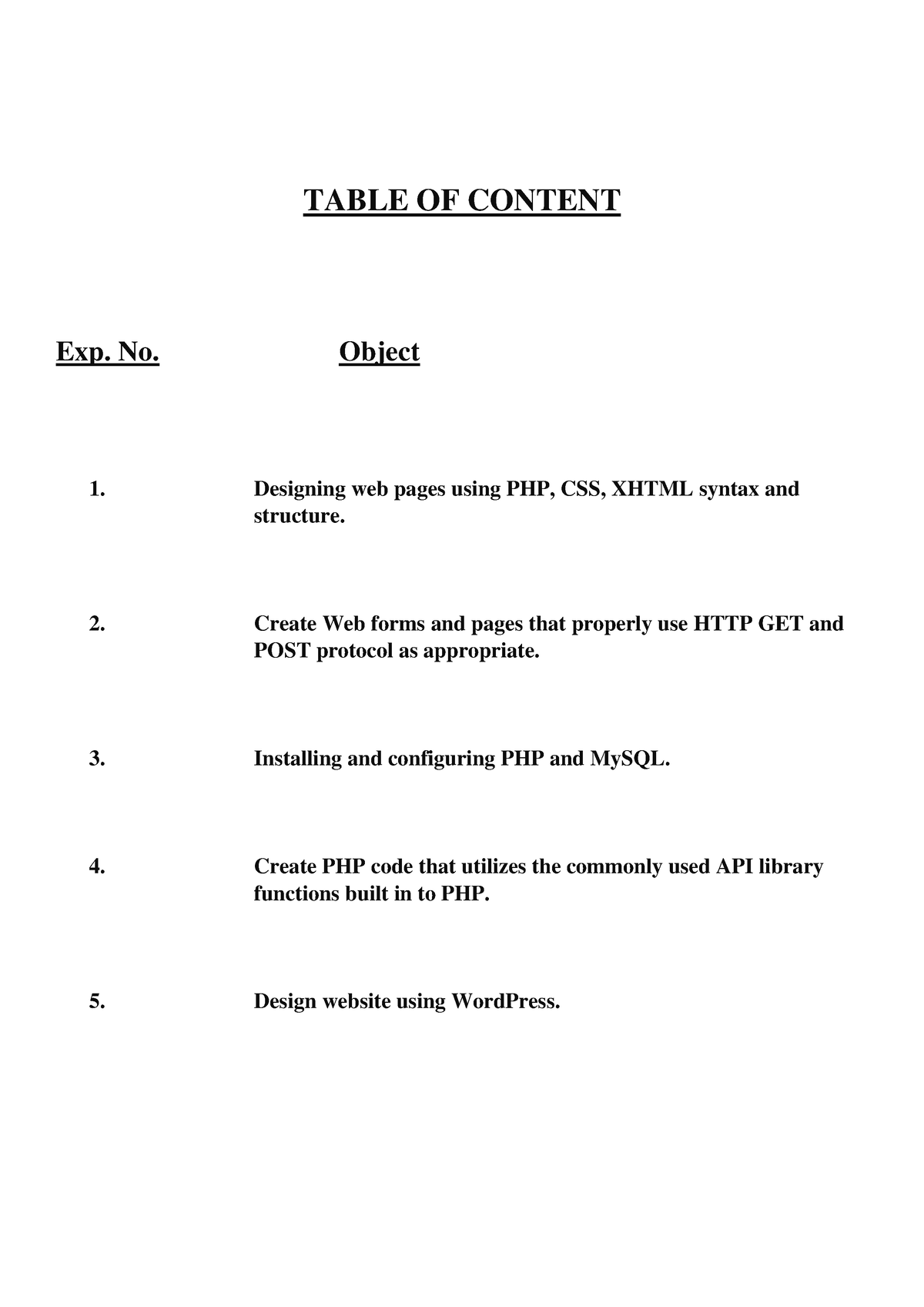 PHP FIle - TABLE OF CONTENT Exp. No. Object Designing Web Pages Using ...