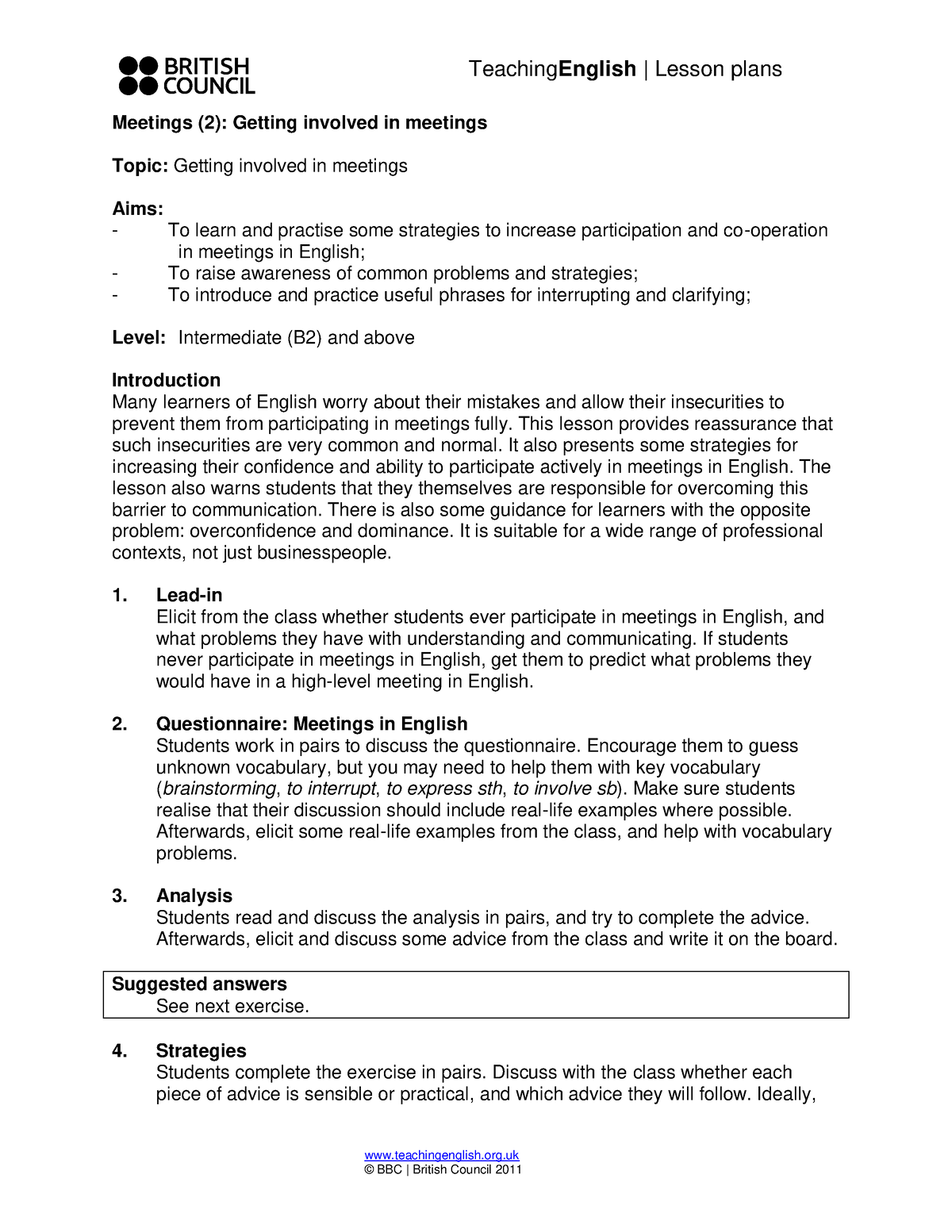 Meetings 2 Getting Involved In Meetings Lesson Plan - TeachingEnglish ...