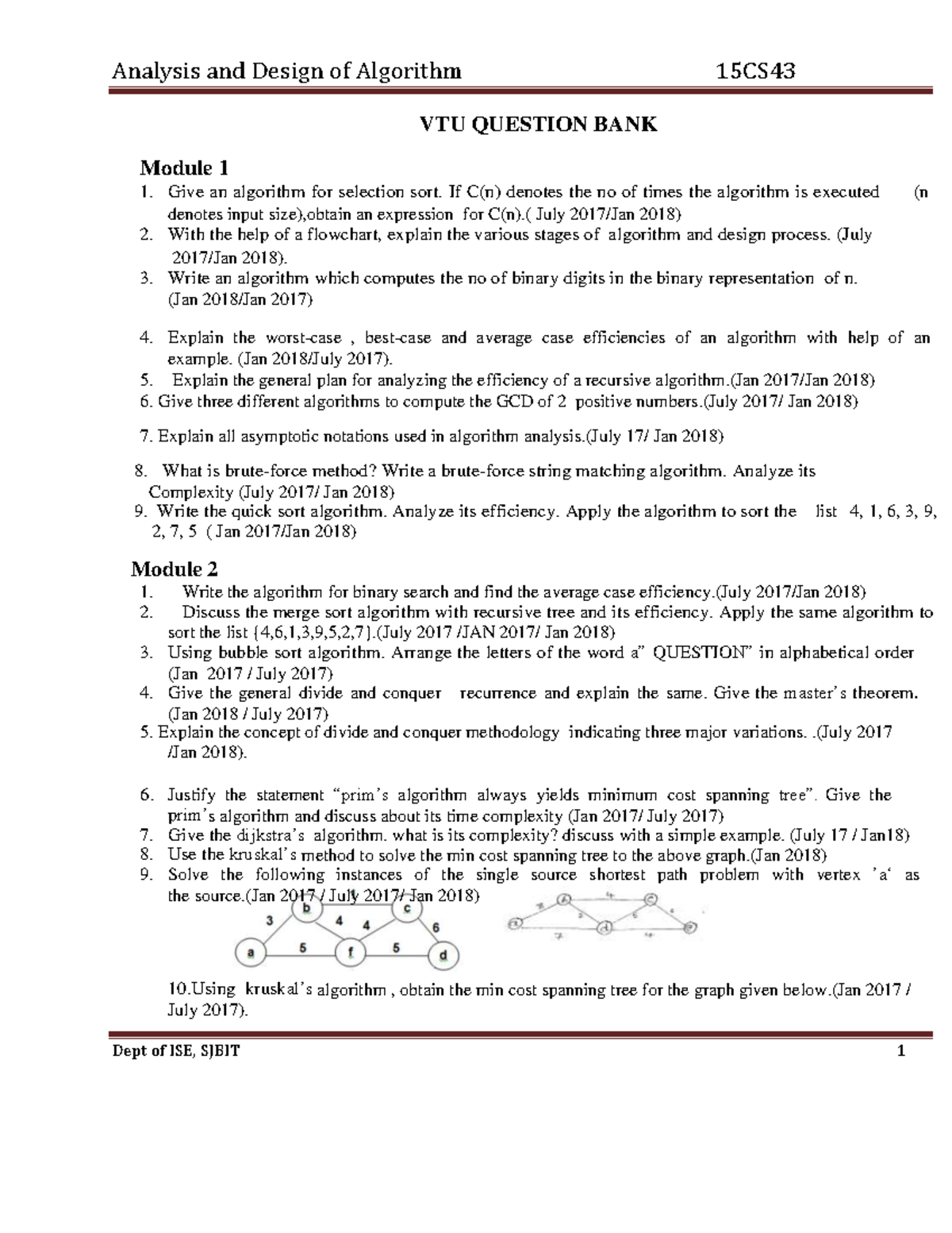 DAA questn bnk - VTU QUESTION BANK Module 1 Give an algorithm for ...