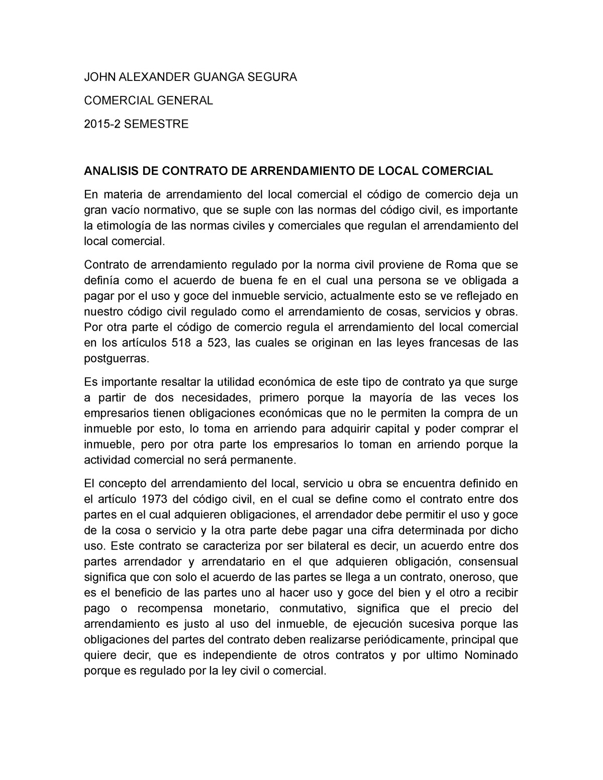 Analisis De Contrato De Arrendamiento De Local Comercial Studocu