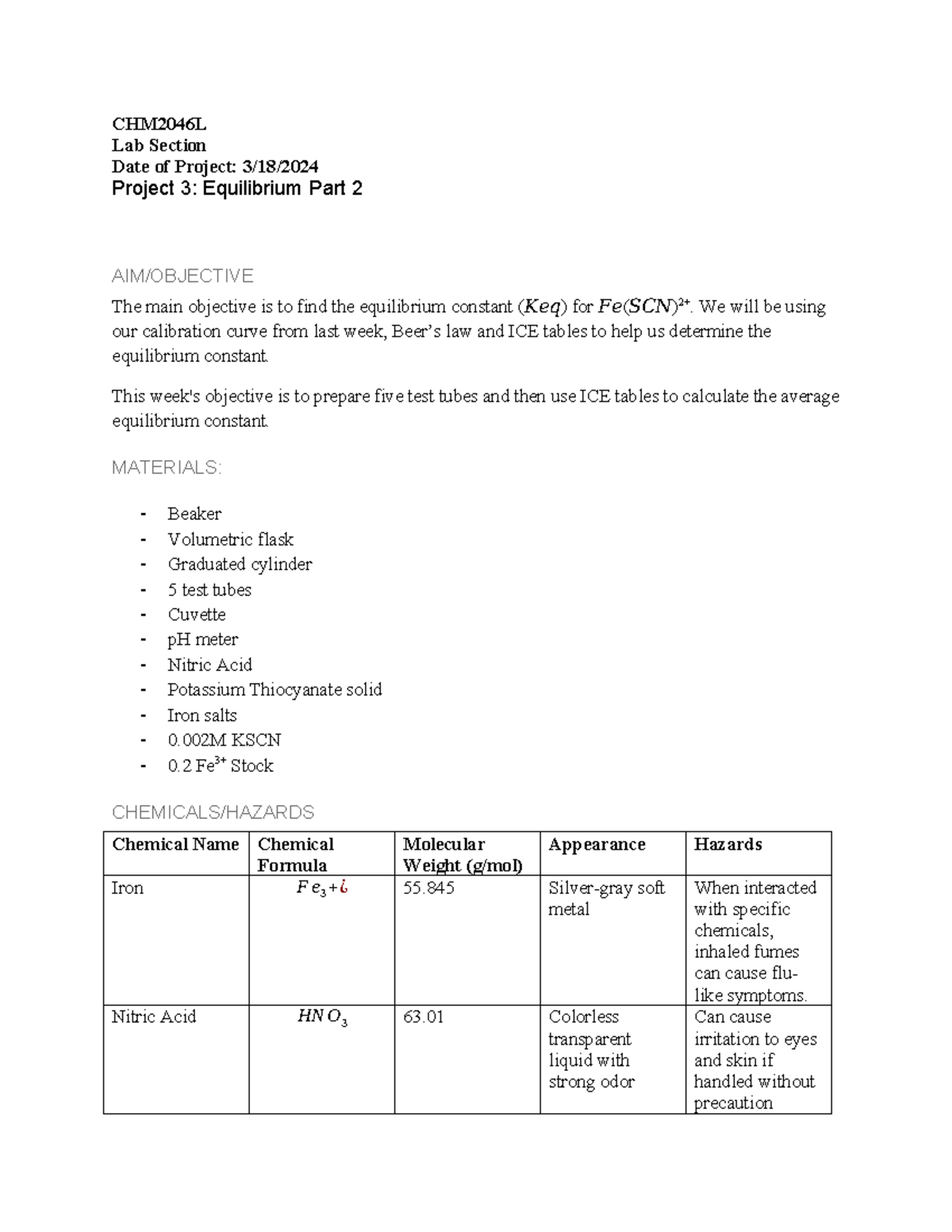 Module 3 Part 2 Pre Lab - pre lab - CHM2046L Lab Section Date of ...