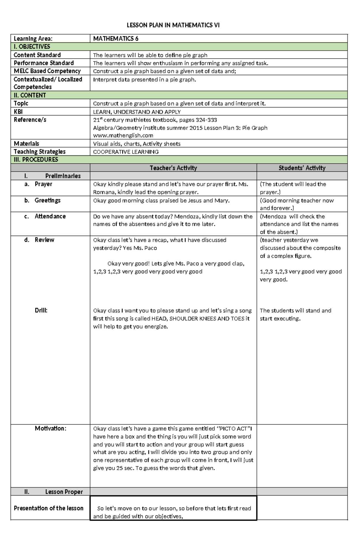 Math lp tricia - LESSON PLAN IN MATHEMATICS VI Learning Area ...