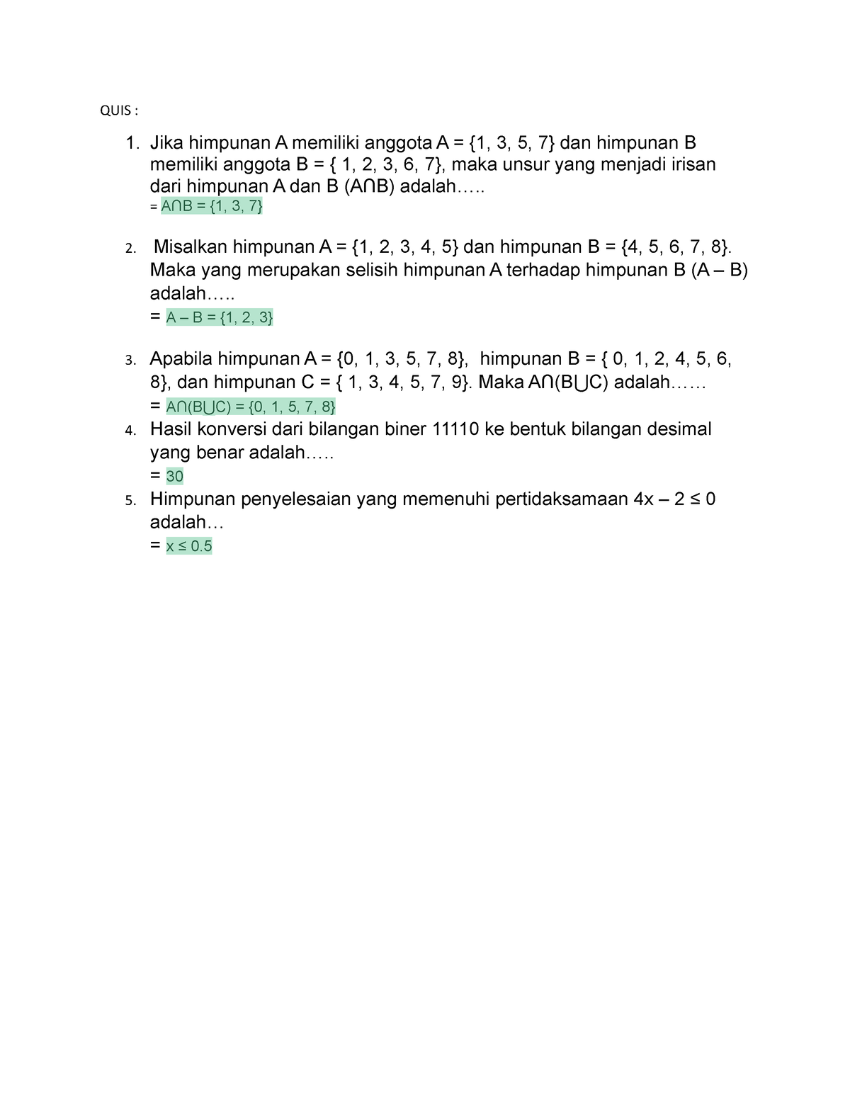 MTK SESI 1 - Diskusi - QUIS : 1. Jika Himpunan A Memiliki Anggota A ...