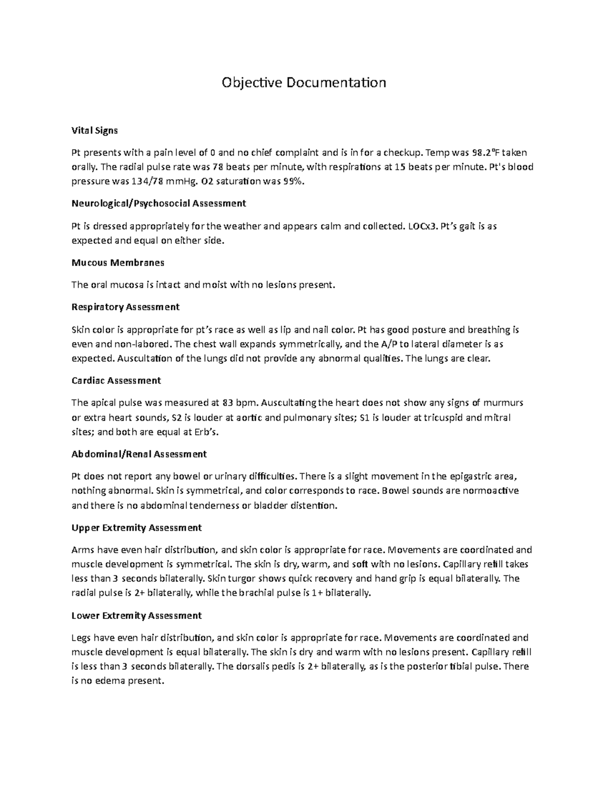Objective Documentation - Objective Documentation Vital Signs Pt ...