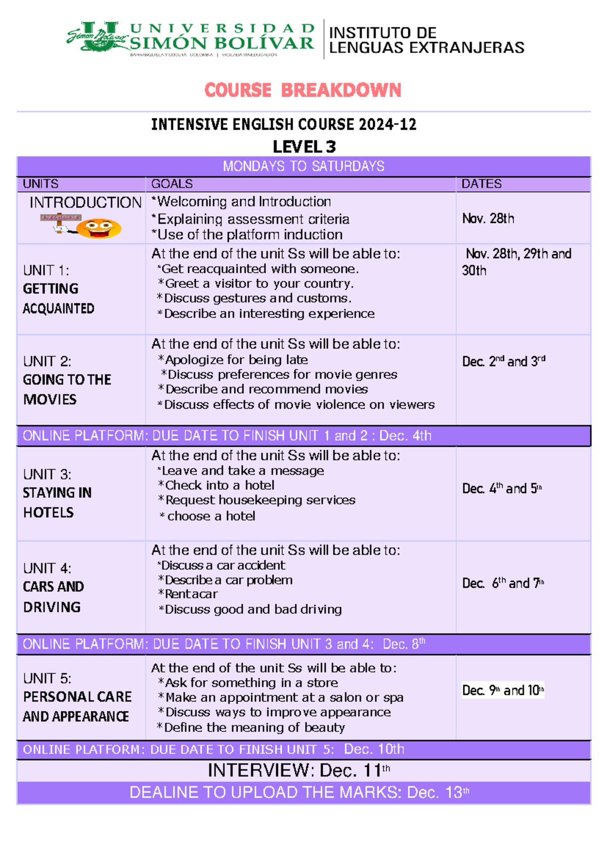 Breakdown English 3 2024-12 - INTENSIVE ENGLISH COURSE 2024- 12 LEVEL 3 ...