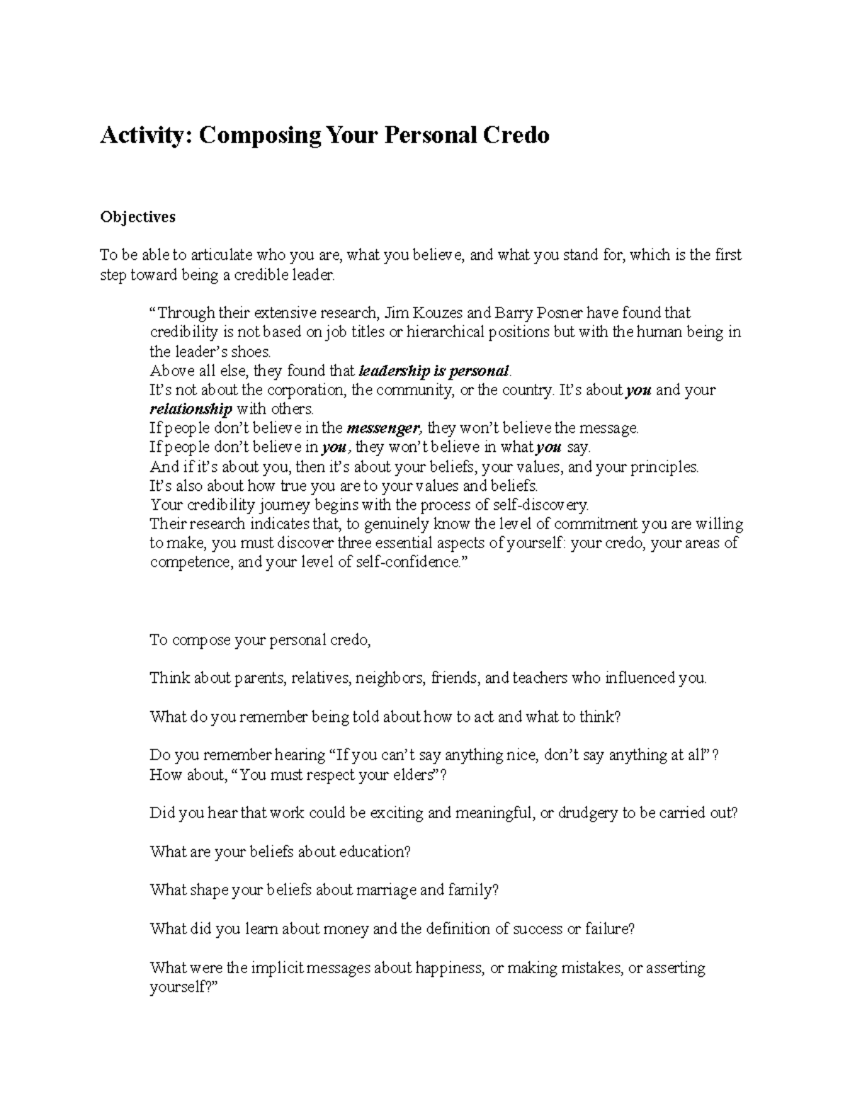 LLC Activity Personal Credo FA 21 - Activity: Composing Your Personal ...