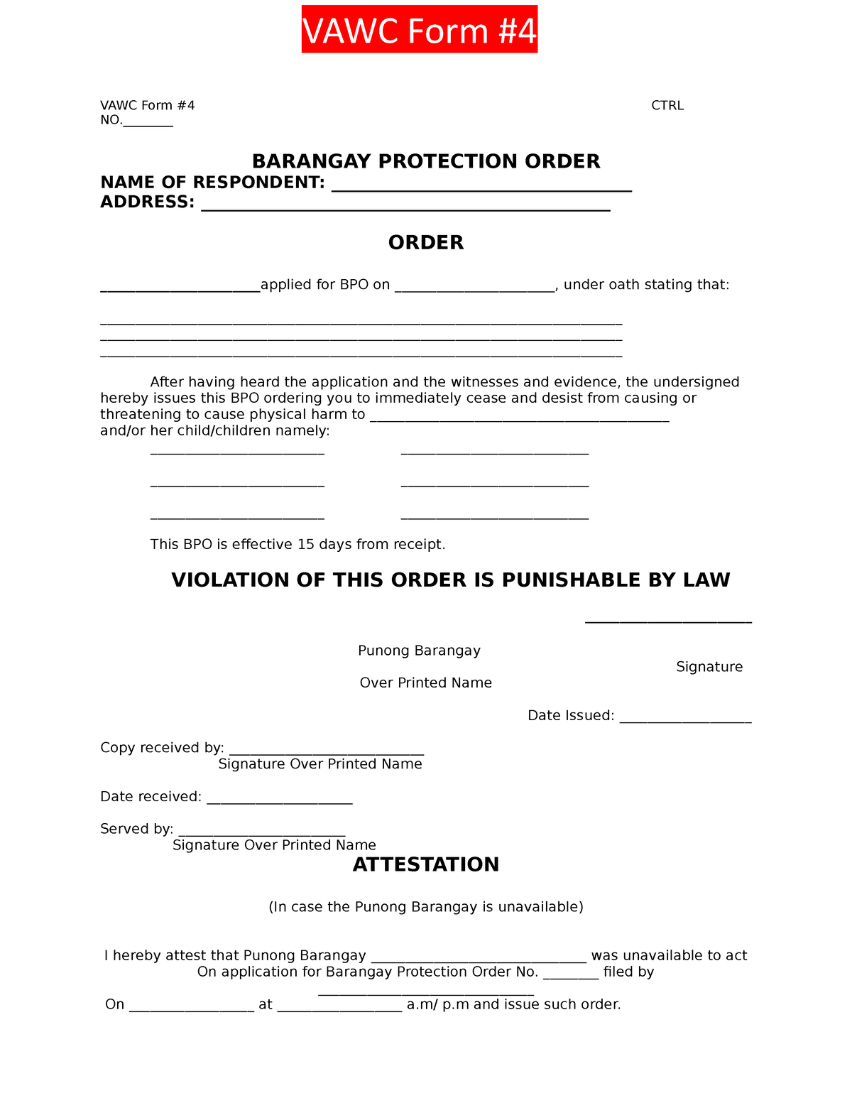 271565284 Barangay Protection Order - VAWC Form #4 CTRL NO ...