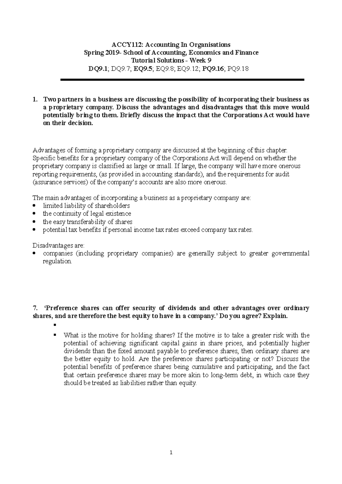 Tutorial Solution Week 09 - ACCY112: Accounting In Organisations Spring ...