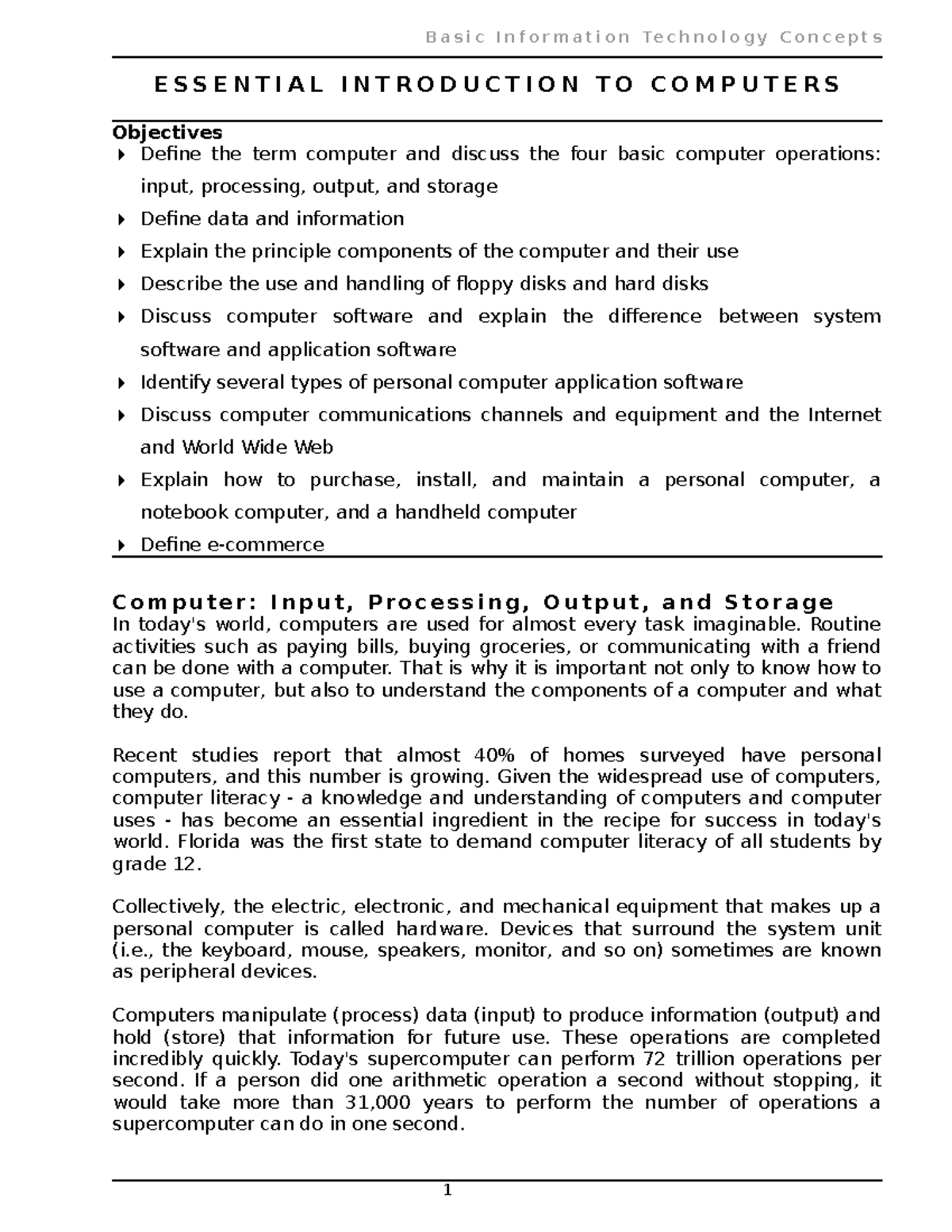 Essential introduction to computers notes - E S S E N T I A L I N T R O ...