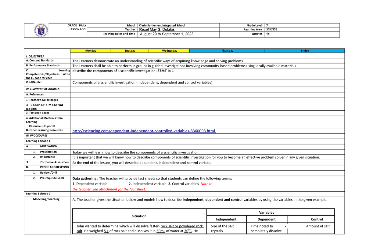 DLL Science 7 Q1 Week 1 - GRADE DAILY LESSON LOG School Clarin ...