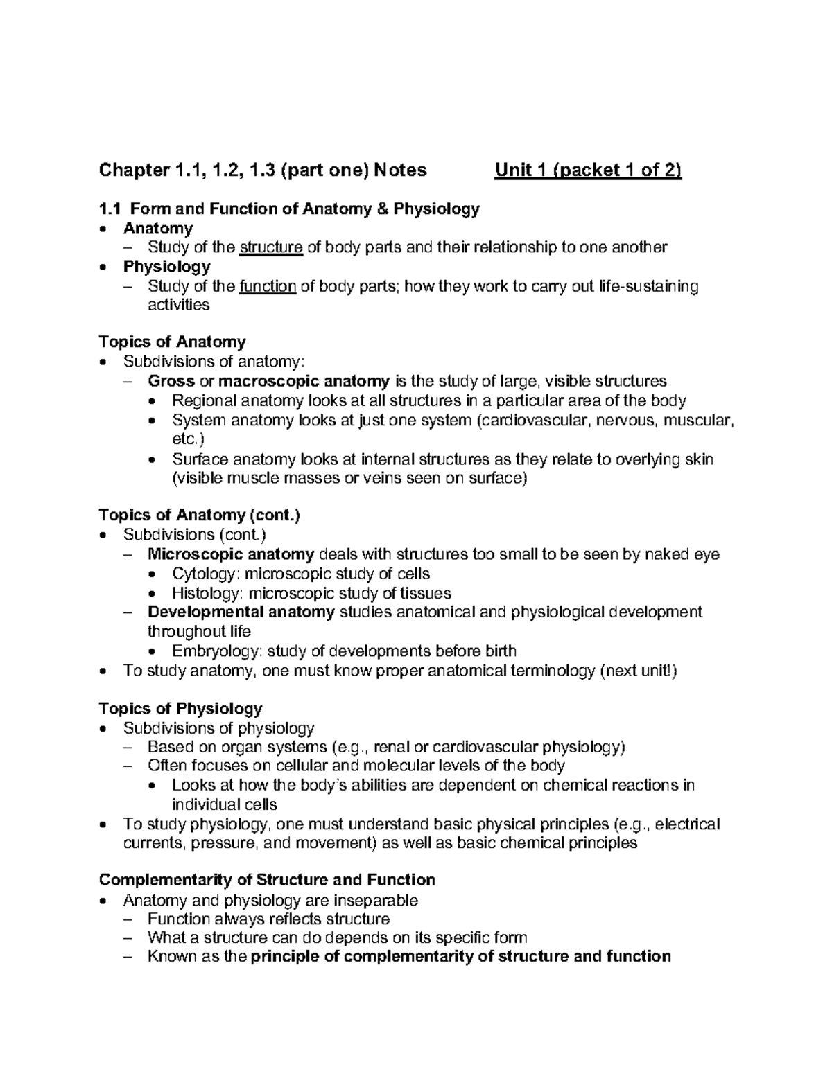 1. Organization of the Body - Chapter 1, 1, 1 (part one) Notes Unit 1 ...