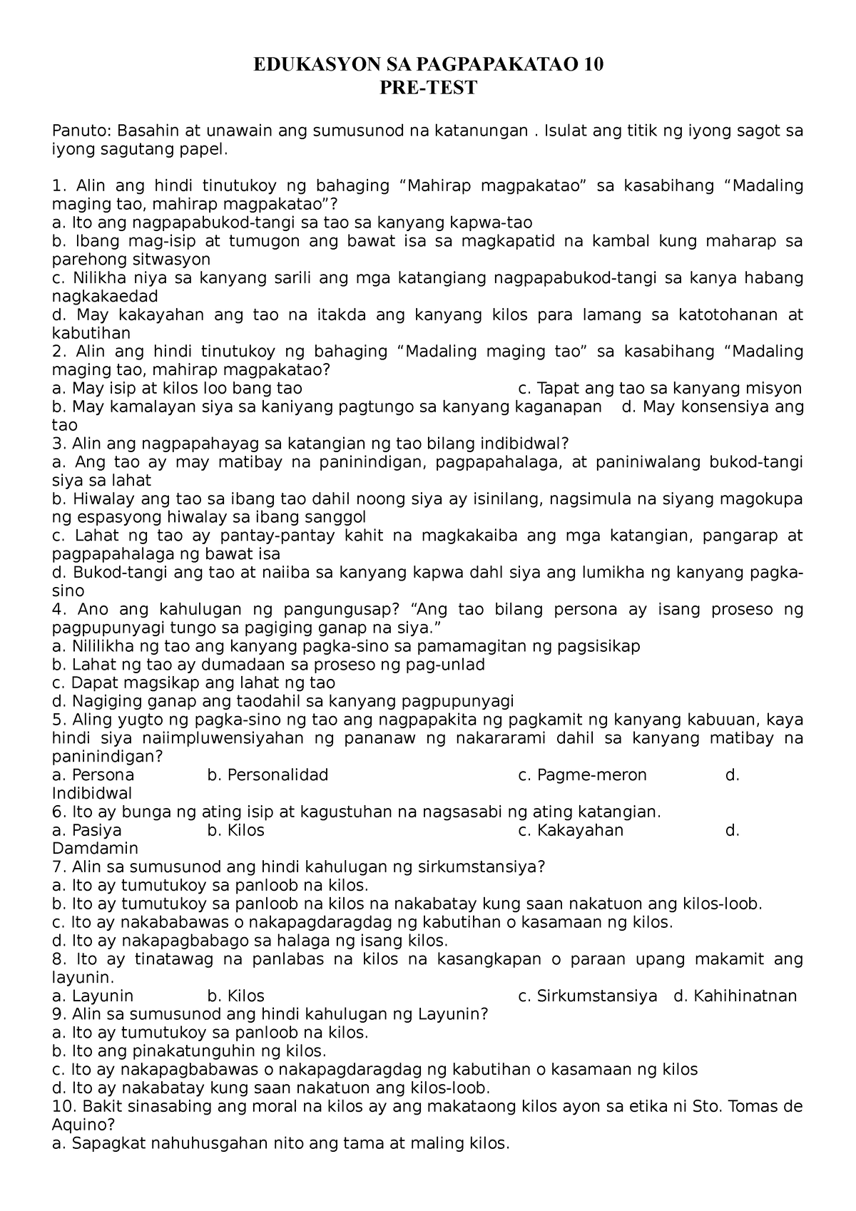 ESP10 Pretest - EDUKASYON SA PAGPAPAKATAO 10 PRE-TEST Panuto: Basahin ...