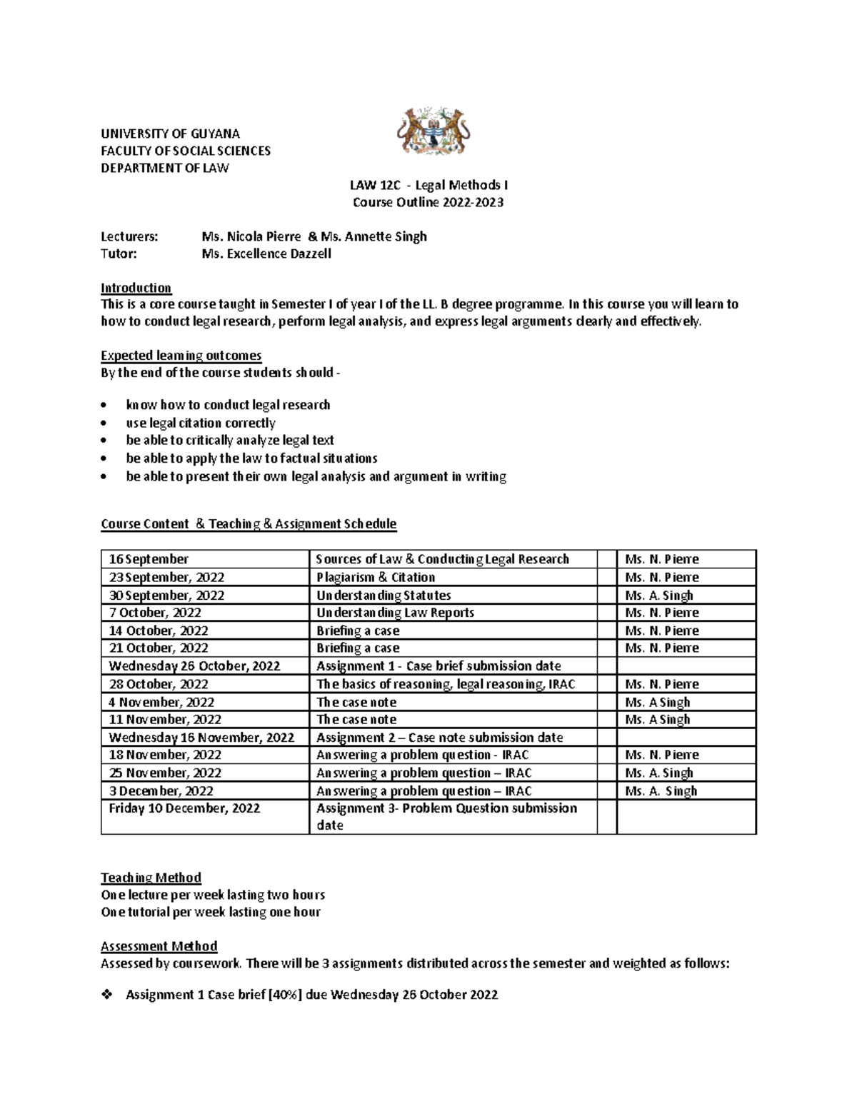 LA 12C- Legal Methods, Research And Writing Course Outline 2022-20223 ...