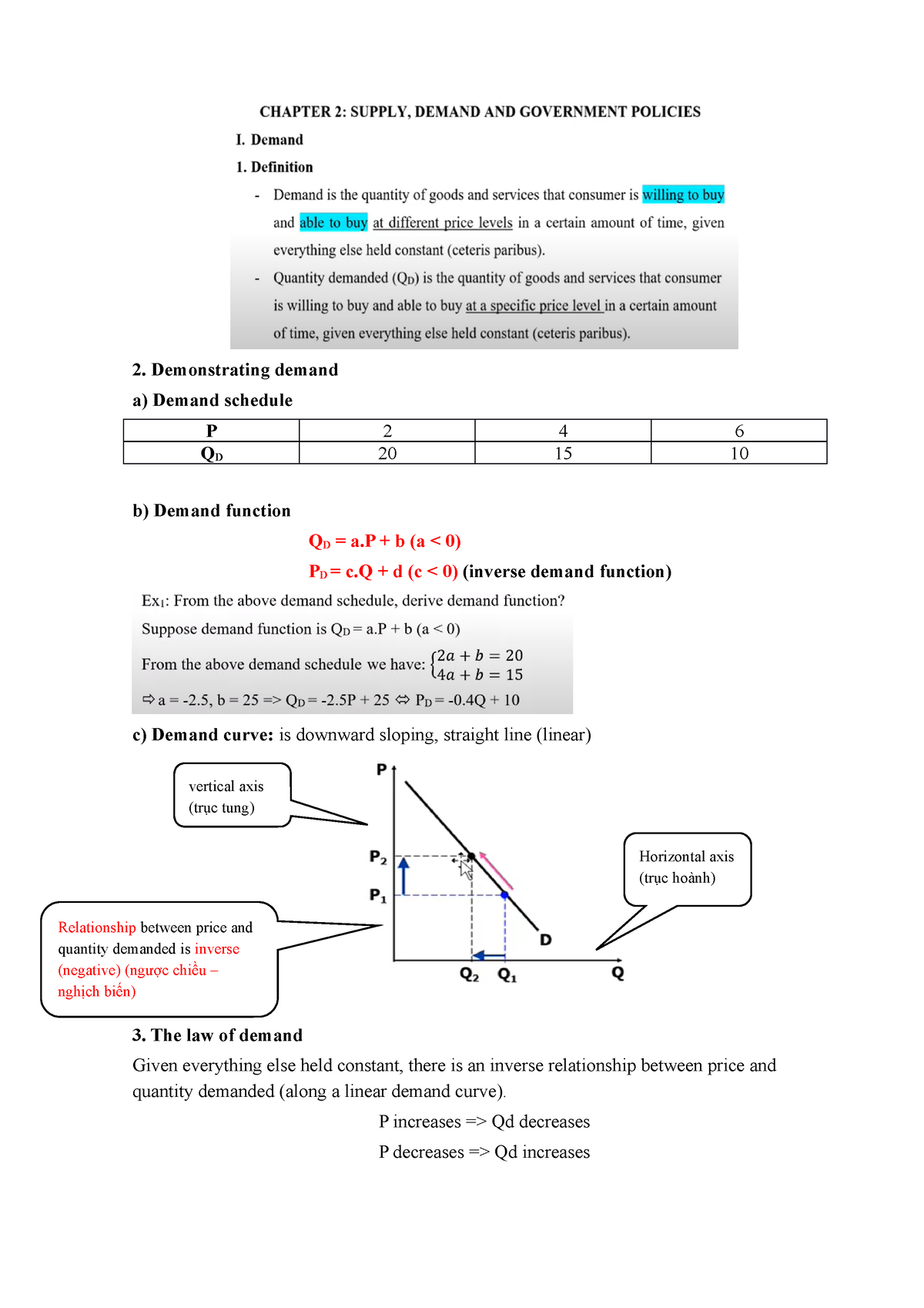 Chapter 2 - Demonstrating Demand A) Demand Schedule P 2 4 6 QD 20 15 10 ...