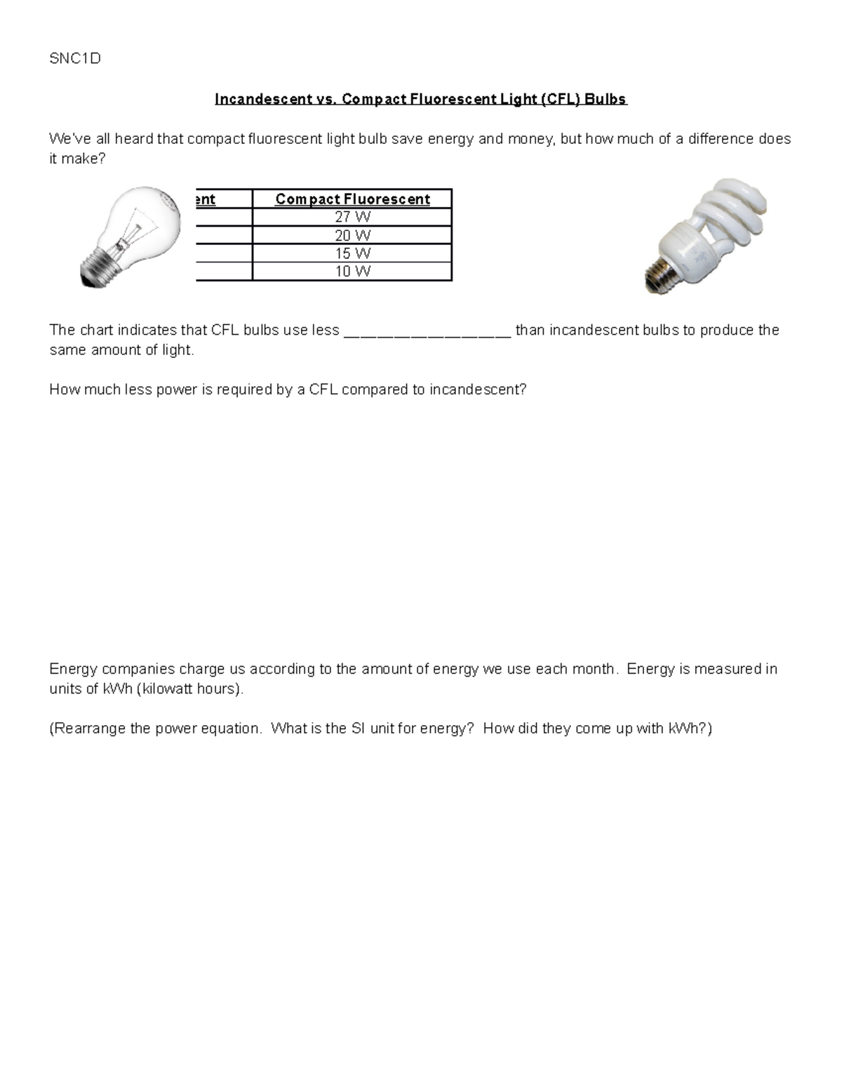 Activity STSE Incandescent vs. CFL Bulbs SNC1D Incandescent vs