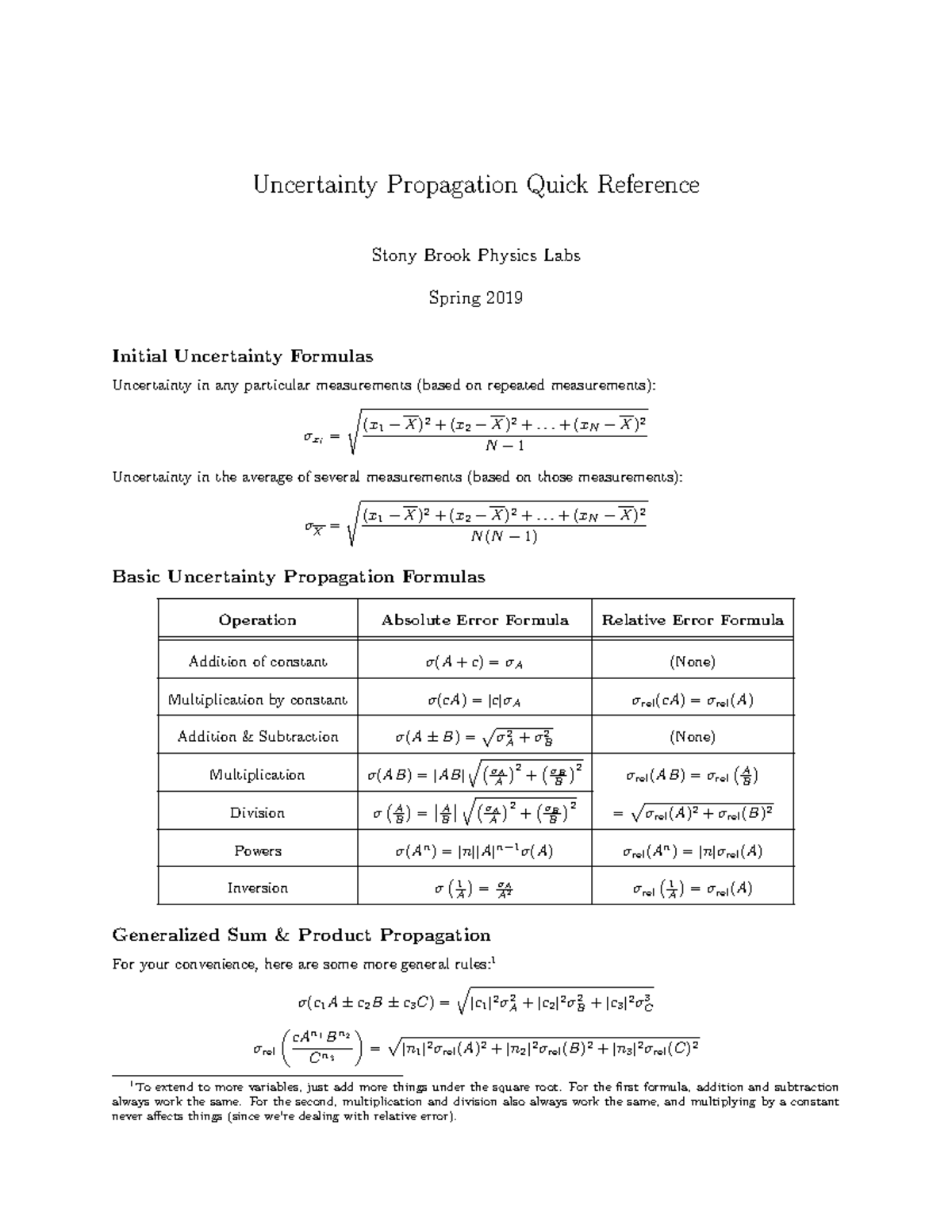 Error Analysis Quick Reference - Uncertainty Propagation Quick ...