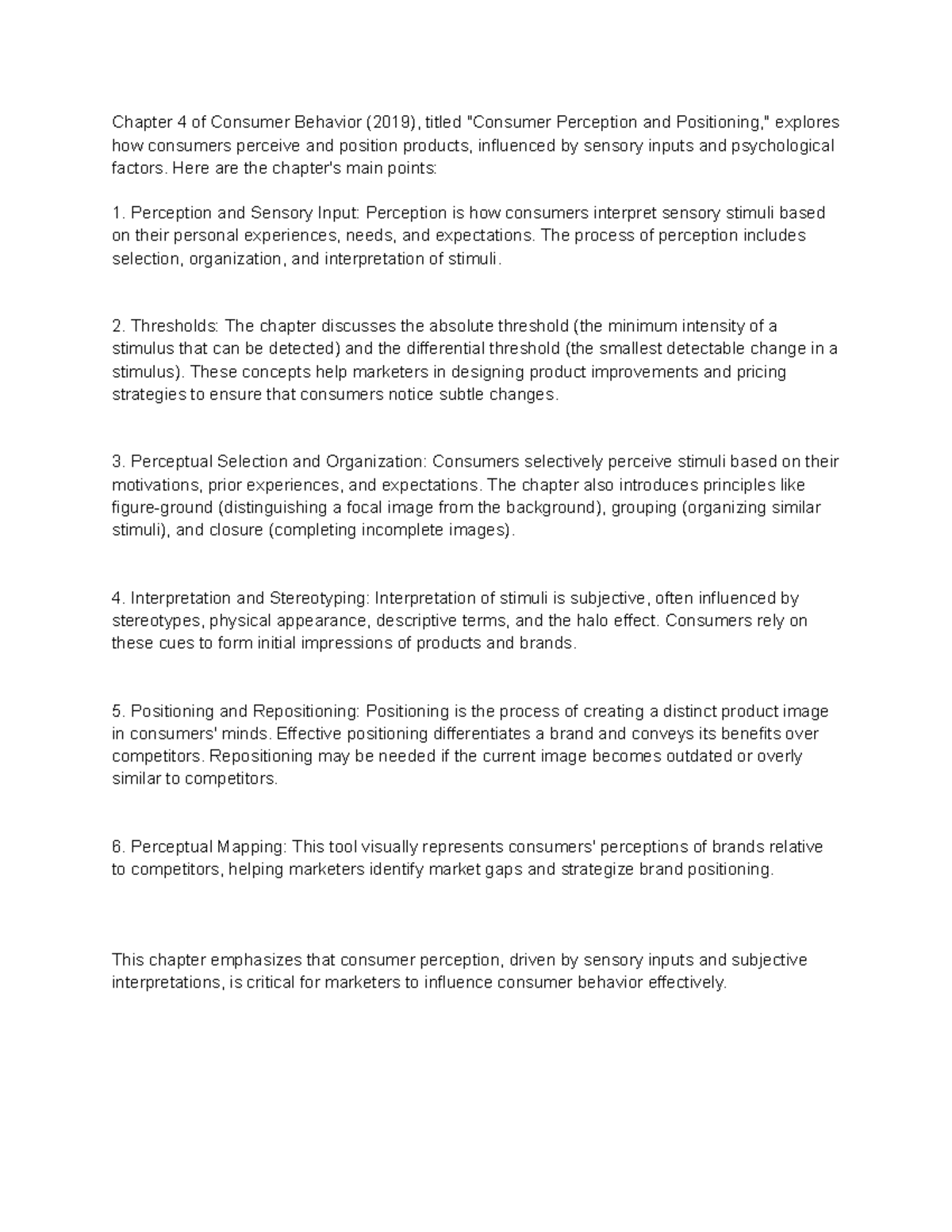 Chapter 4 summary - Chapter 4 of Consumer Behavior (2019), titled ...