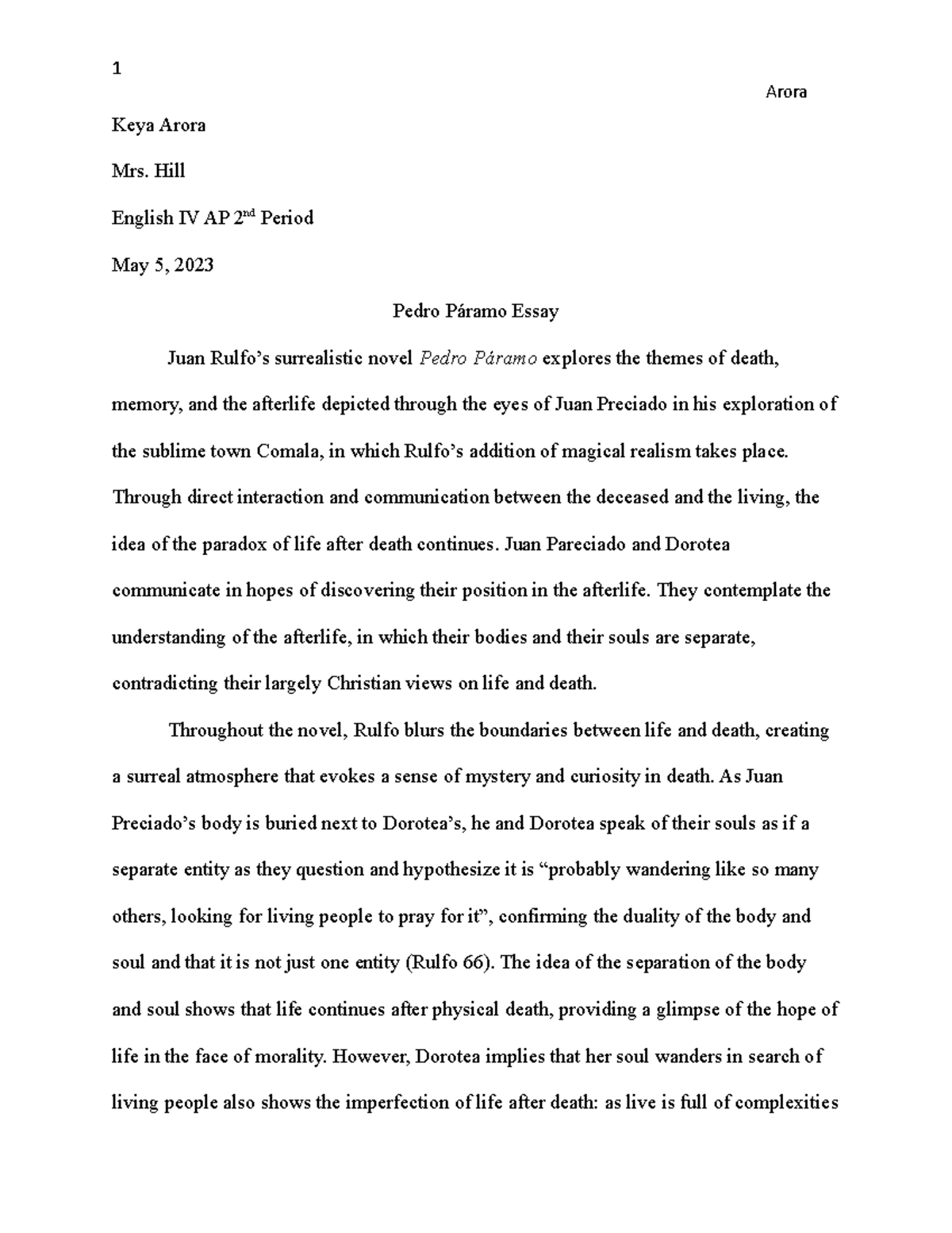 Pedro Paramo Essay - Keya Arora Mrs. Hill English IV AP 2nd Period May ...