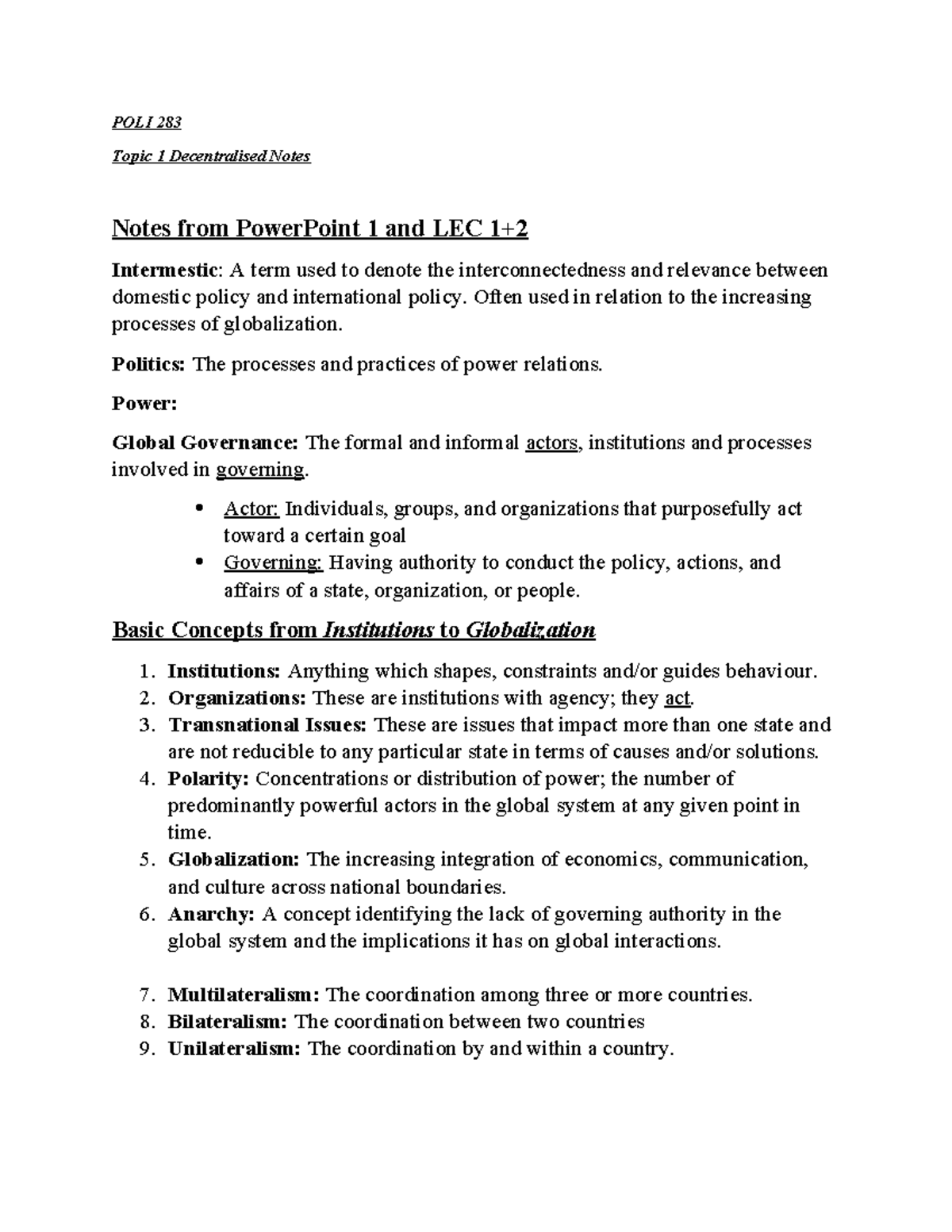 Topic 1 - INTRO TO IR Notes - POLI 283 Topic 1 Decentralised Notes ...