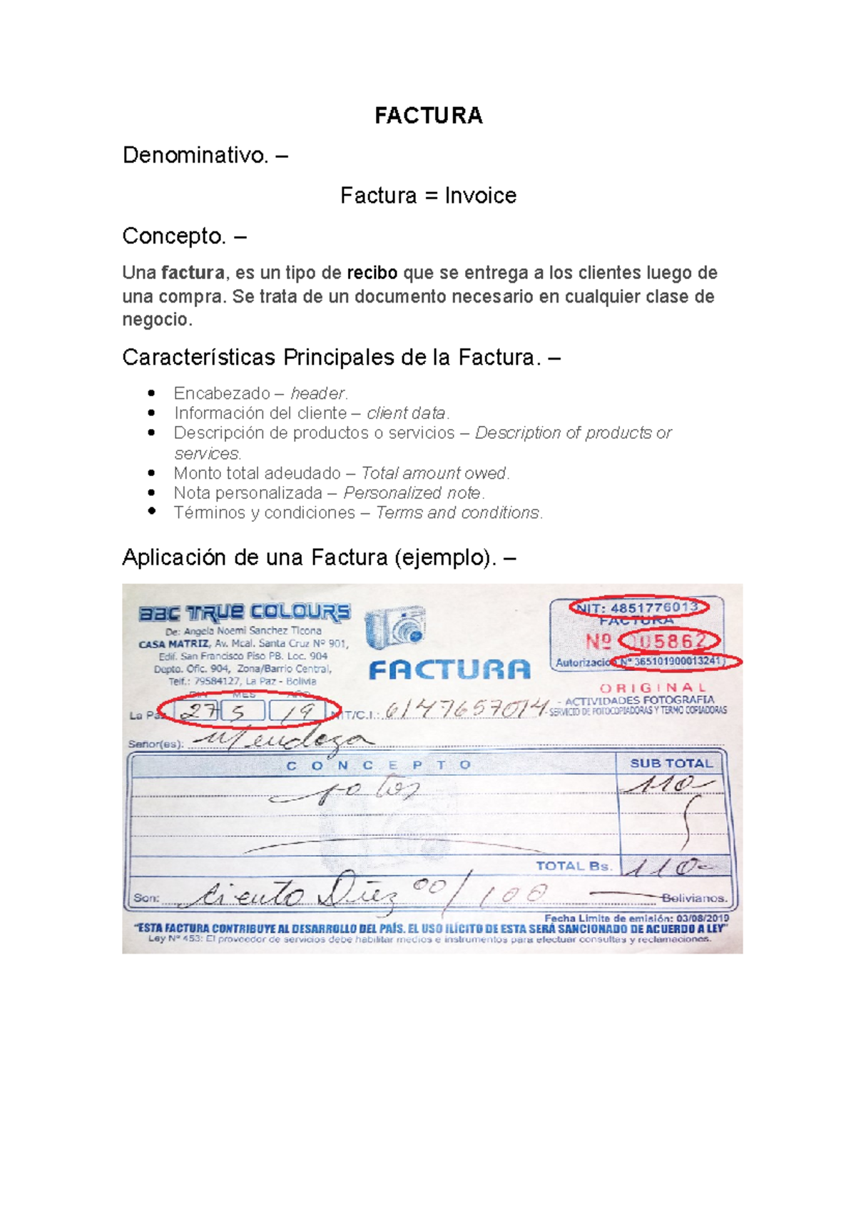 Tarea Ingles factura cheque FACTURA Denominativo. Factura = Invoice