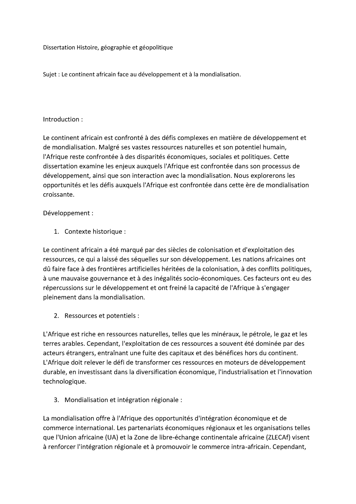 l'introduction de la dissertation en histoire et geographie