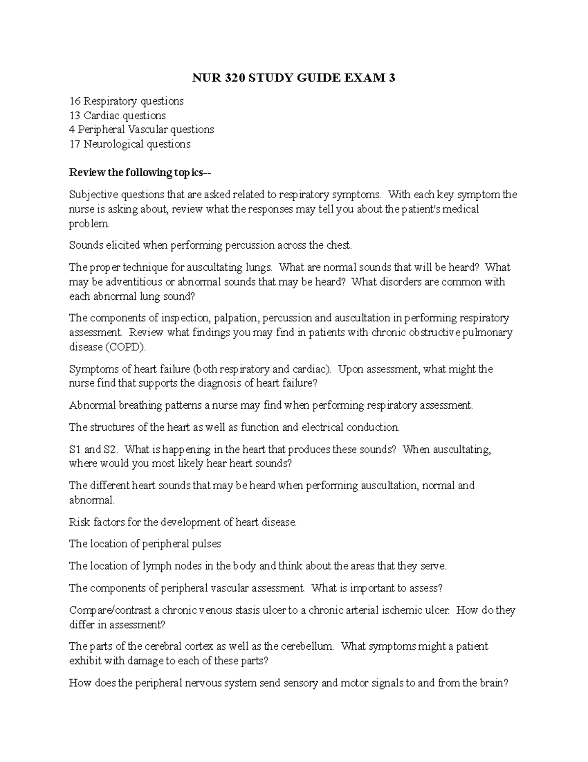 NUR 320 Study Guide Exam 3 - NUR 320 STUDY GUIDE EXAM 3 16 Respiratory ...