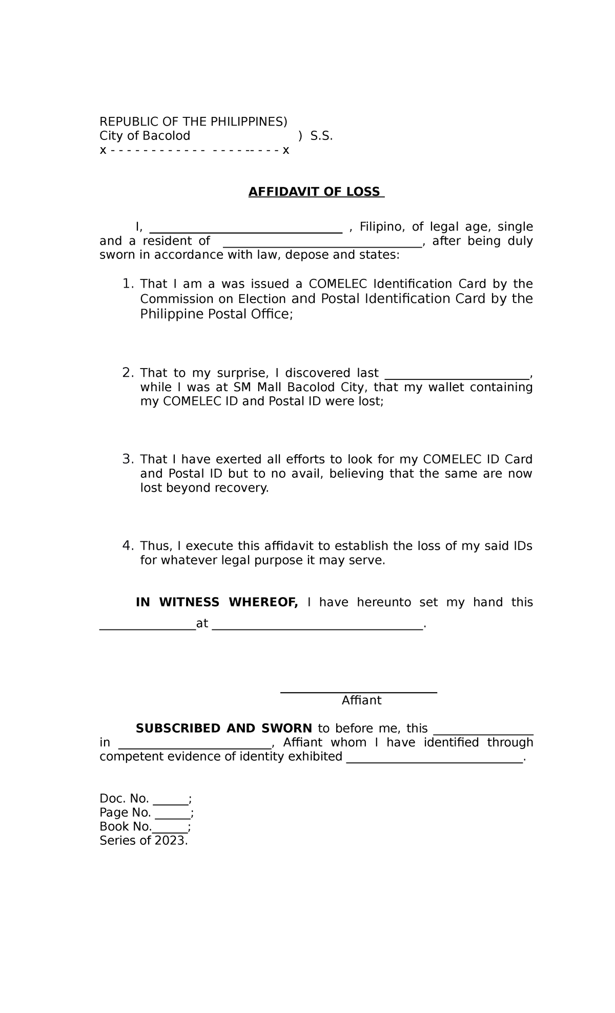 Affidavit Of Loss Republic Of The Philippines City Of Bacolod S X X Affidavit Of Loss I 4926