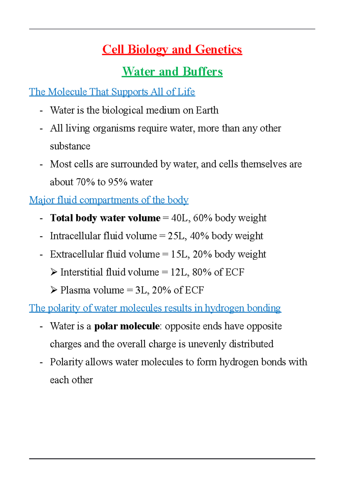 Summary Water and Buffers Cell Biology and Water and Buffers The Molecule That