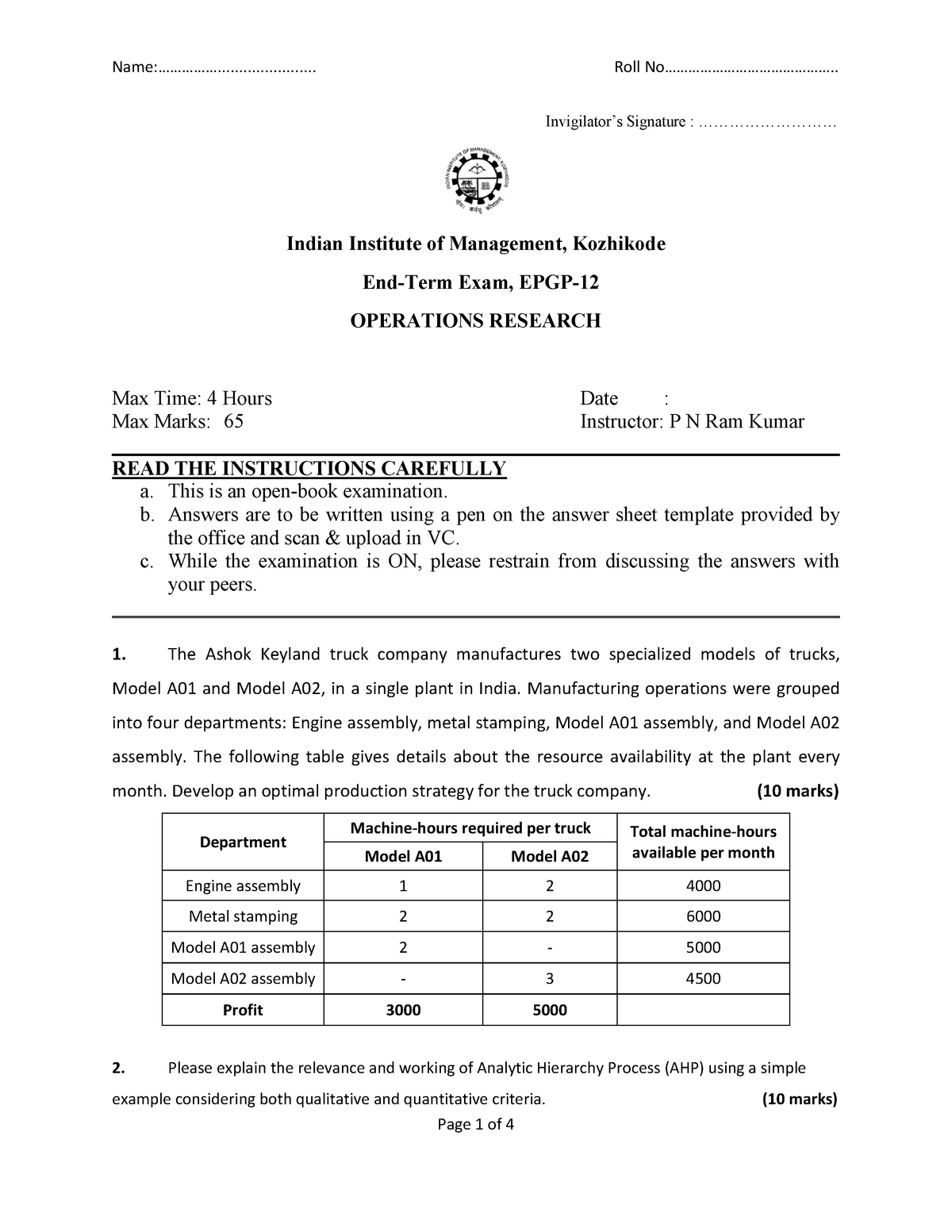 question paper operation research