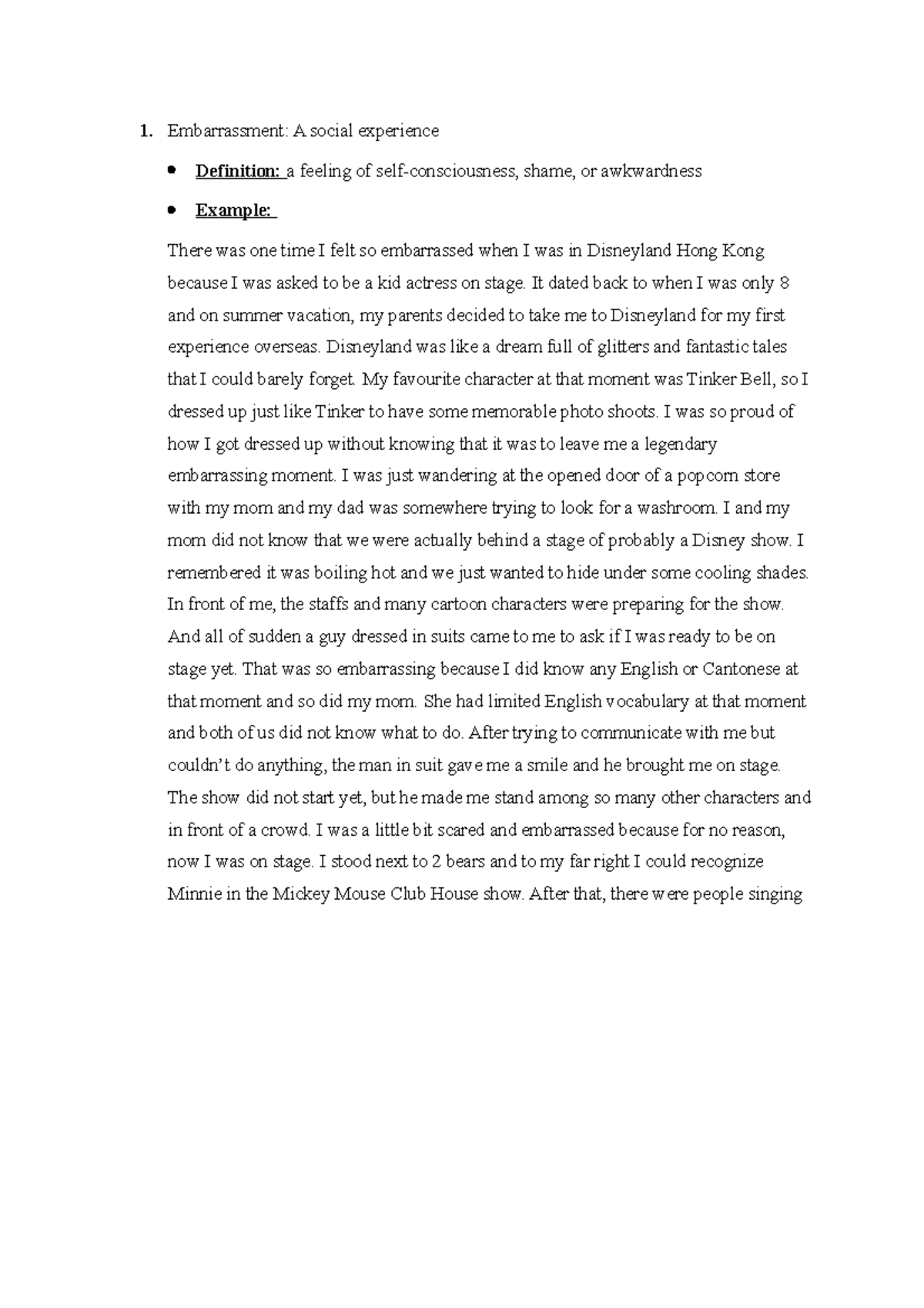 definitions final assignment Embarrassment A social experience