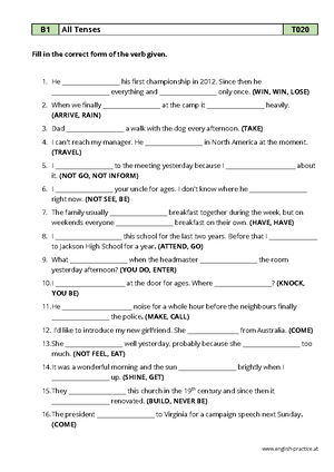 Tenses Worksheet 1 - Notes - English-practice B1 All Tenses T Complete ...