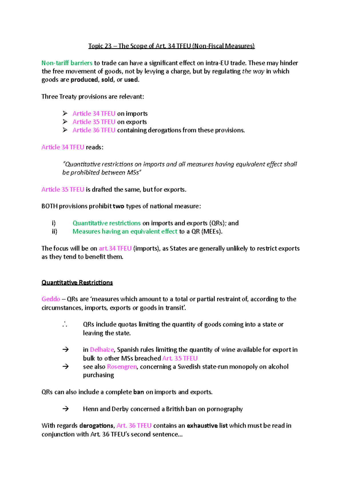 Topic 23 The Scope of Art.34 TFEU Topic 23 The Scope of Art. 34