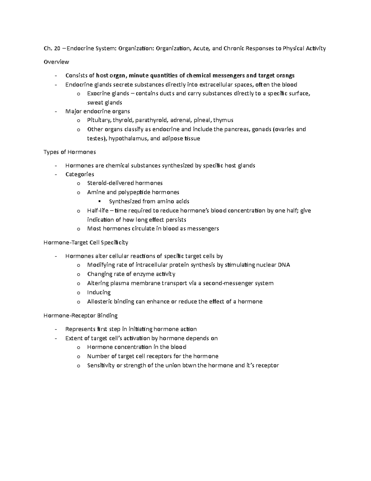 Ch.20 notes - Ch. 20 – Endocrine System: Organization: Organization ...