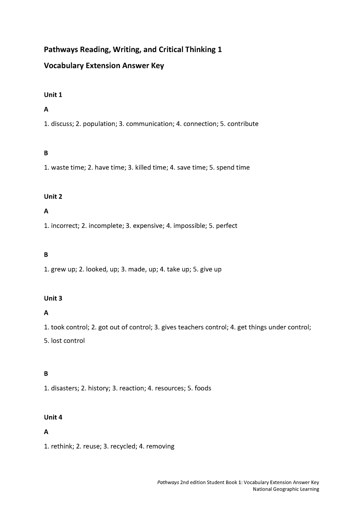 Pathways RW 1 Vocabulary Extension Answer Key - Pathways 2nd Edition ...