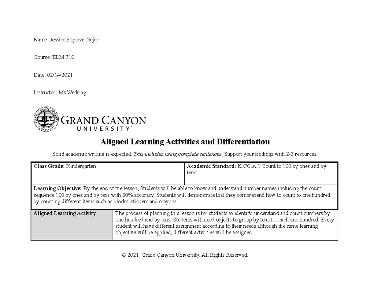 Aligned Activities and Differentiation Template Name Jessica Esparza