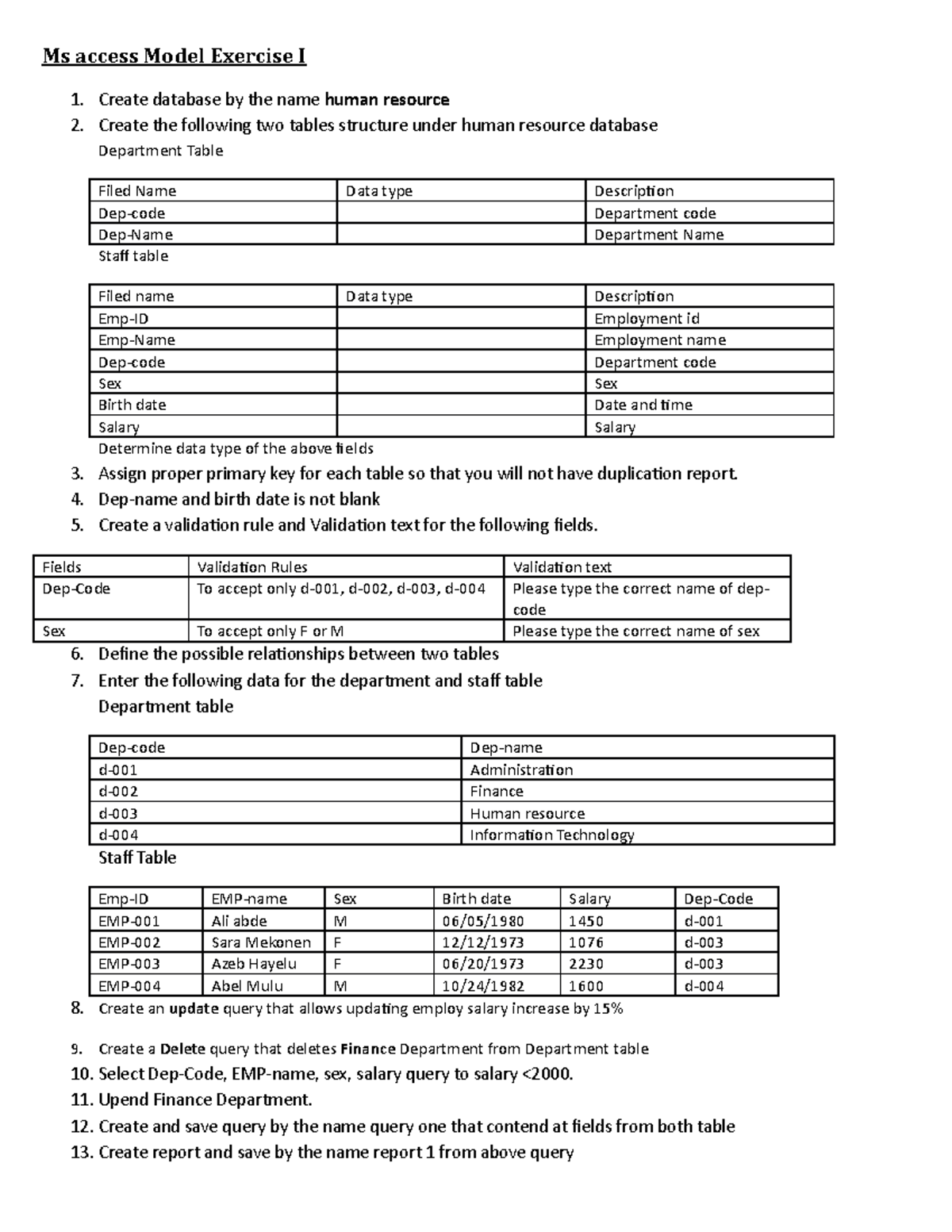 Ms access Model - text book - Ms access Model Exercise I 1. Create ...