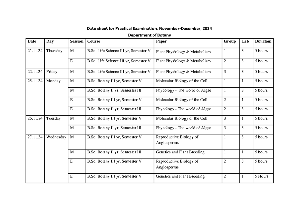 Date sheet for Practical Examination Nov Dec 2024 - Date sheet for ...