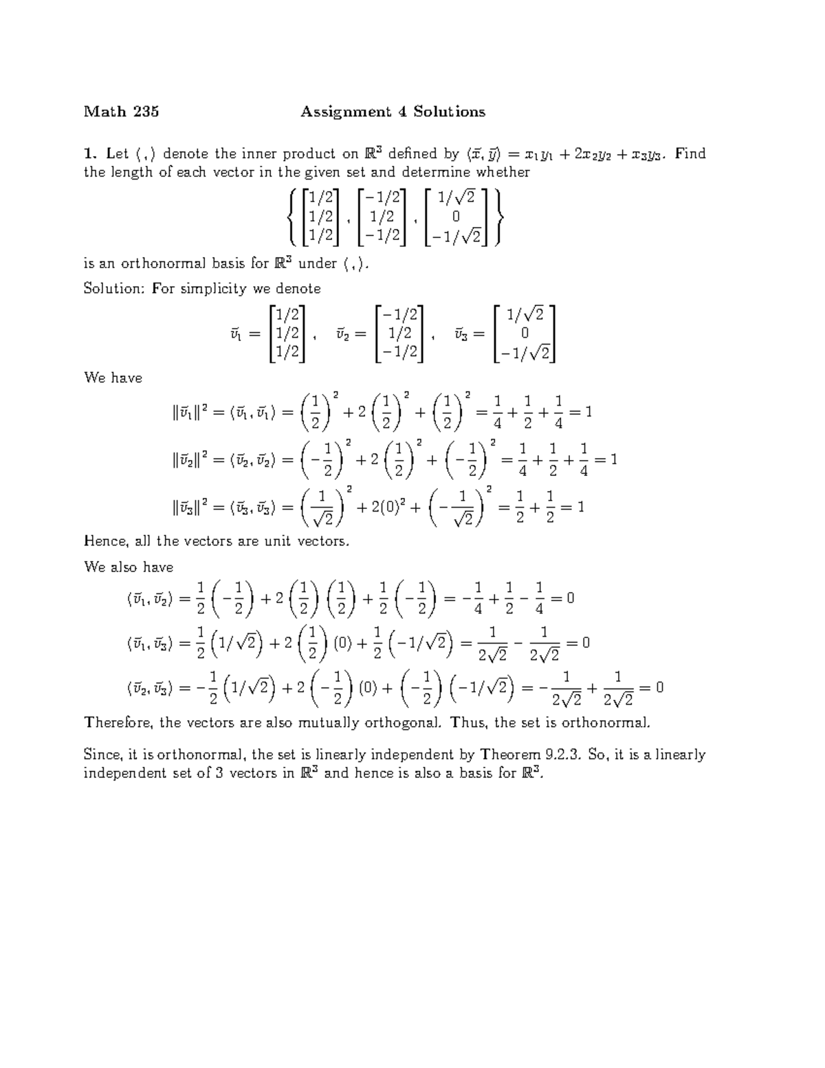 A4 Solution - assignment - Math 235 Assignment 4 Solutions Let〈,〉denote ...