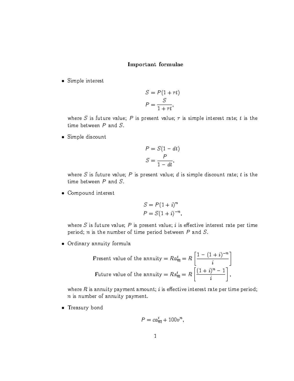 Important formulae-2 - lecture notes for ACSt 2001 - Important formulae ...