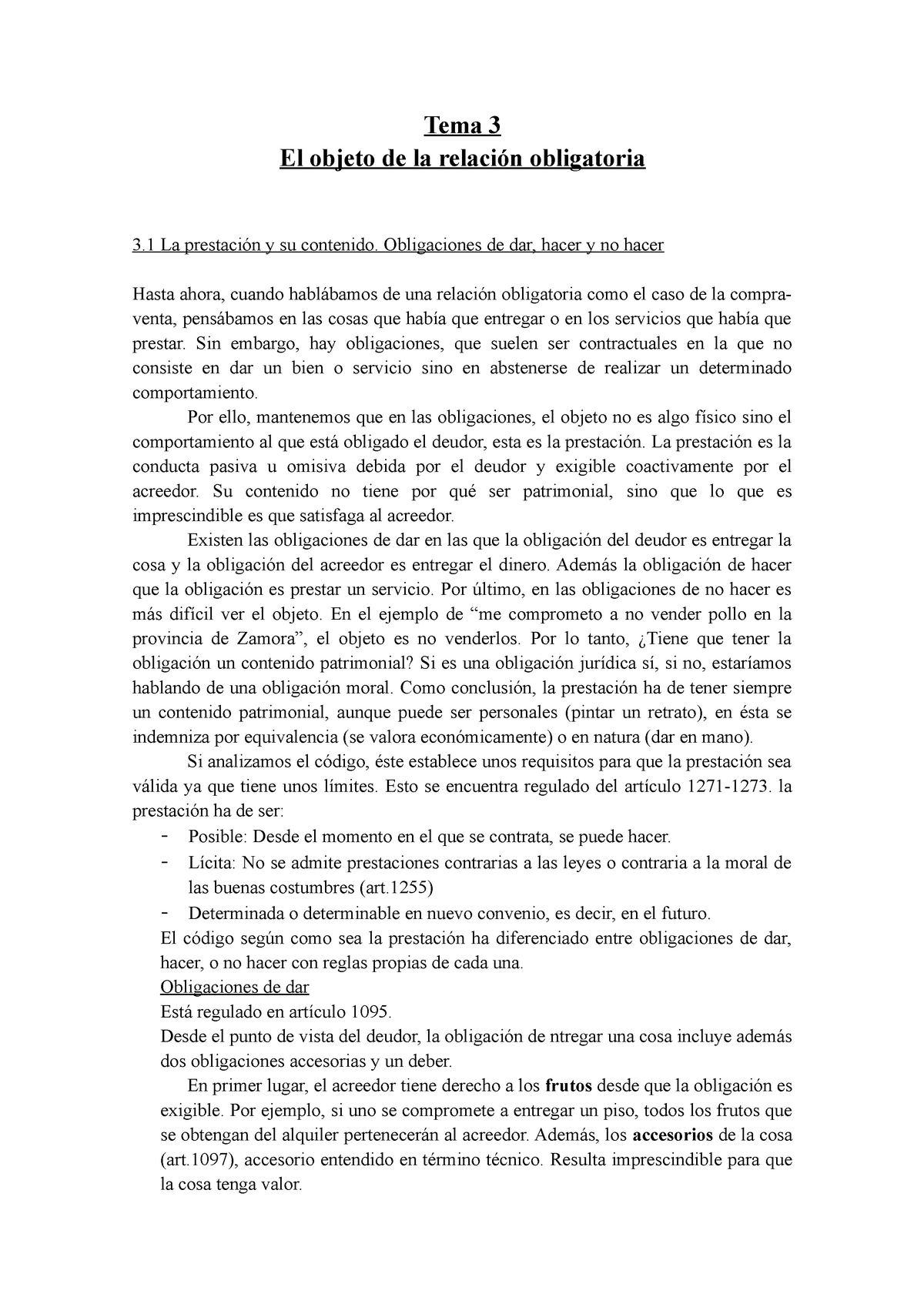 Tema 3 Apuntes 3 Tema 3 El Objeto De La Relación Obligatoria 3 La Prestación Y Su Contenido 2201