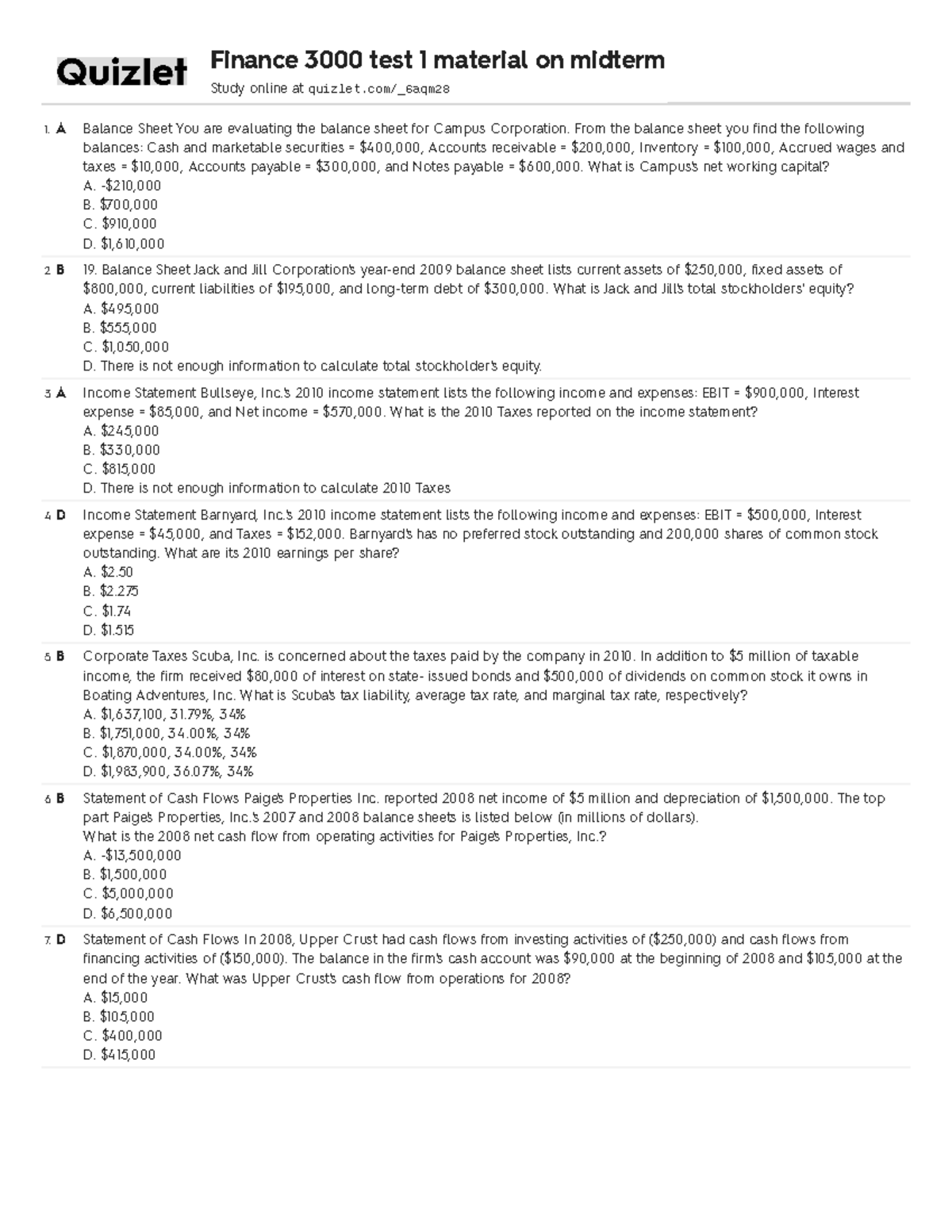 Quizlet Chapter 1 4 Balance Sheet You Are Evaluating The Balance Sheet For Studocu