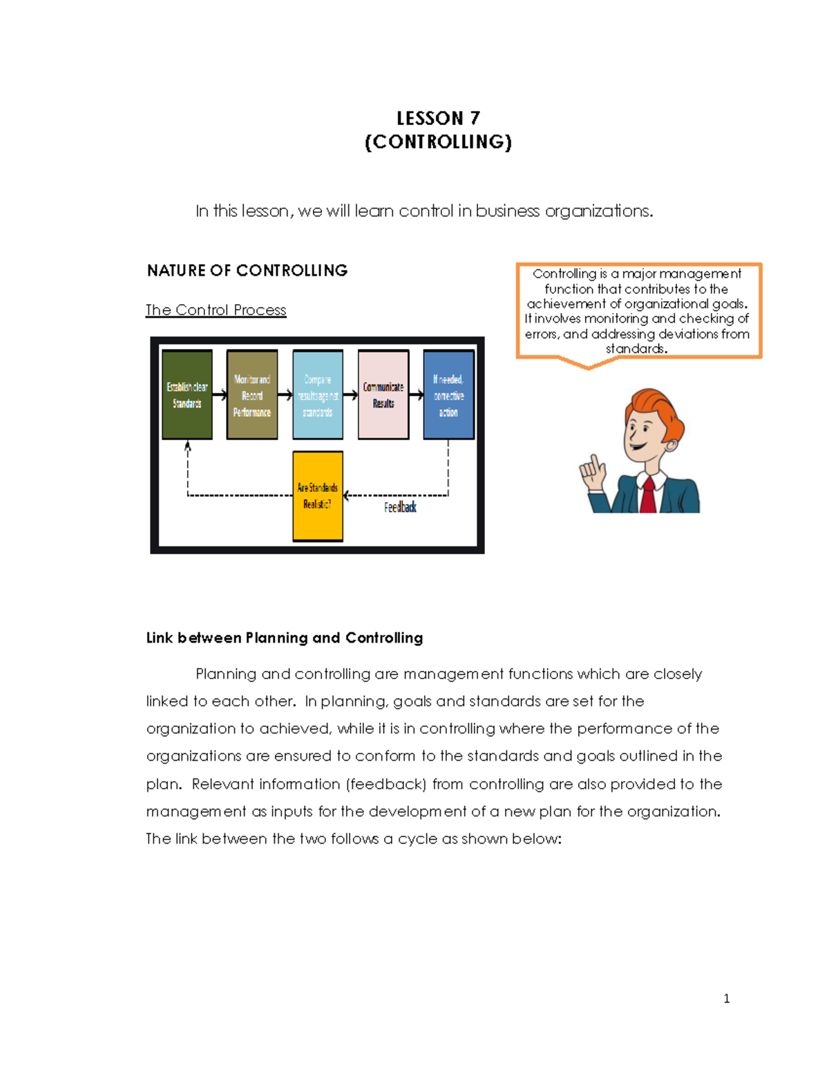 Lesson 7 Controlling - Lecture - LESSON 7 (CONTROLLING) In this lesson