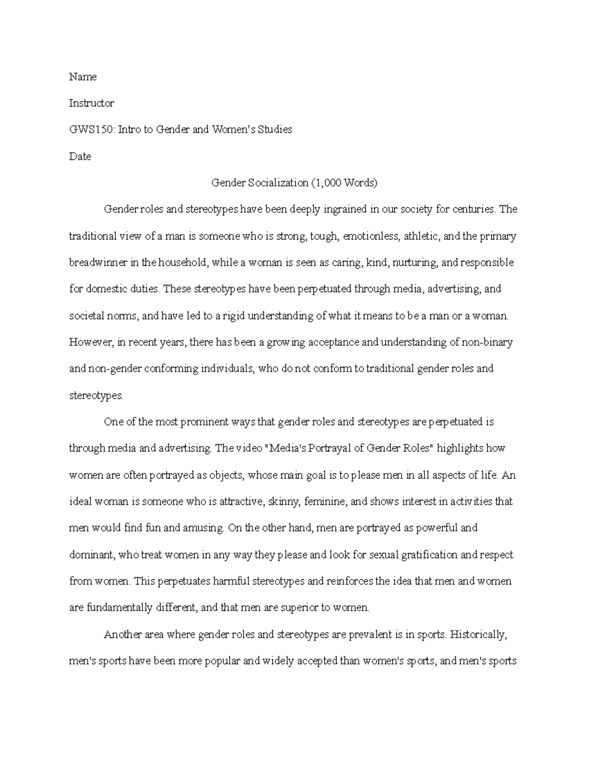 GWS150 Gender Socialization (1,000 Words) - Name Instructor GWS150 ...