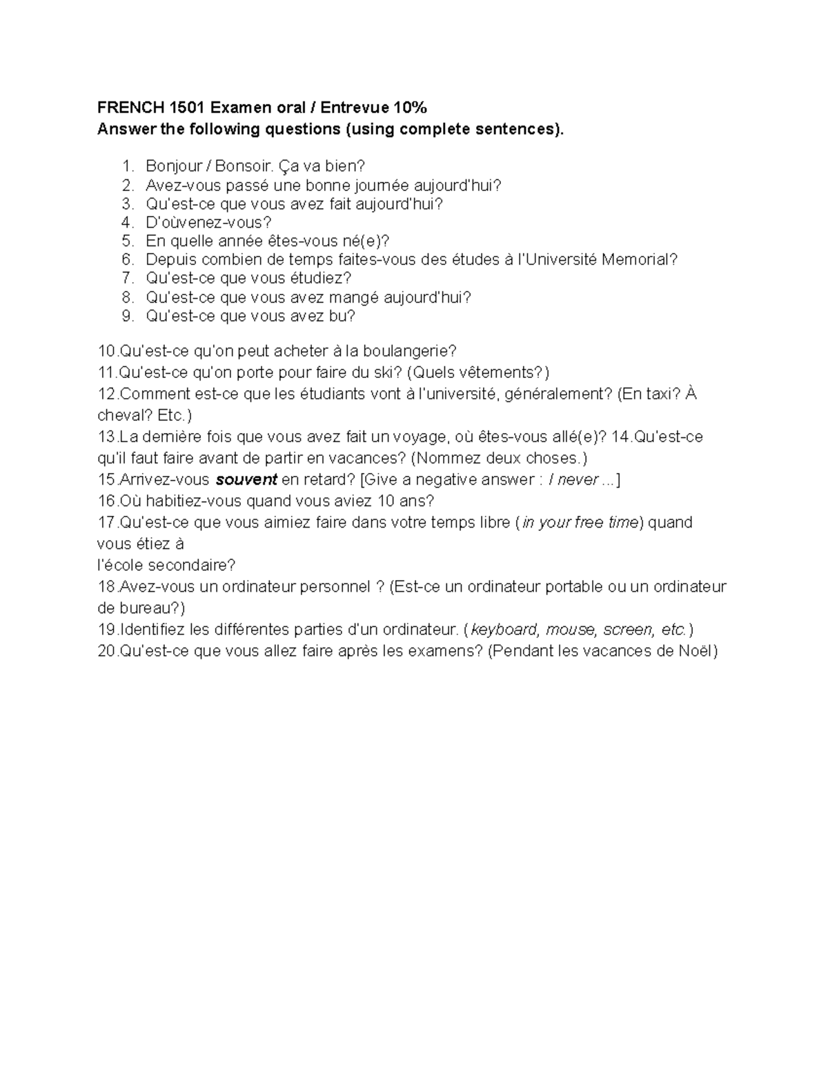 French 1501 Interview - FRENCH 1501 Examen oral Entrevue Answer the ...