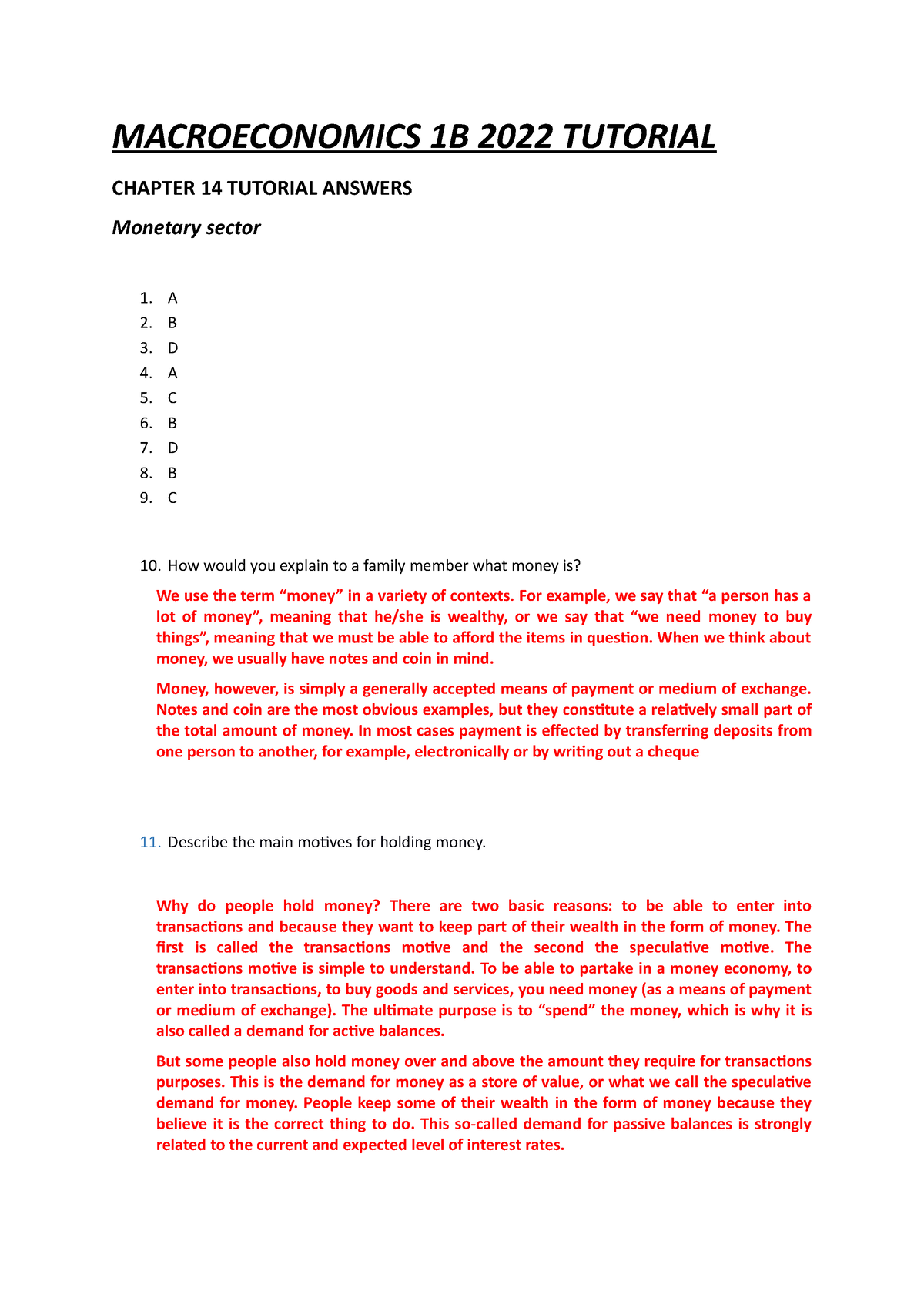 Chapter 14 Tutorial Answers - MACROECONOMICS 1B 2022 TUTORIAL CHAPTER ...