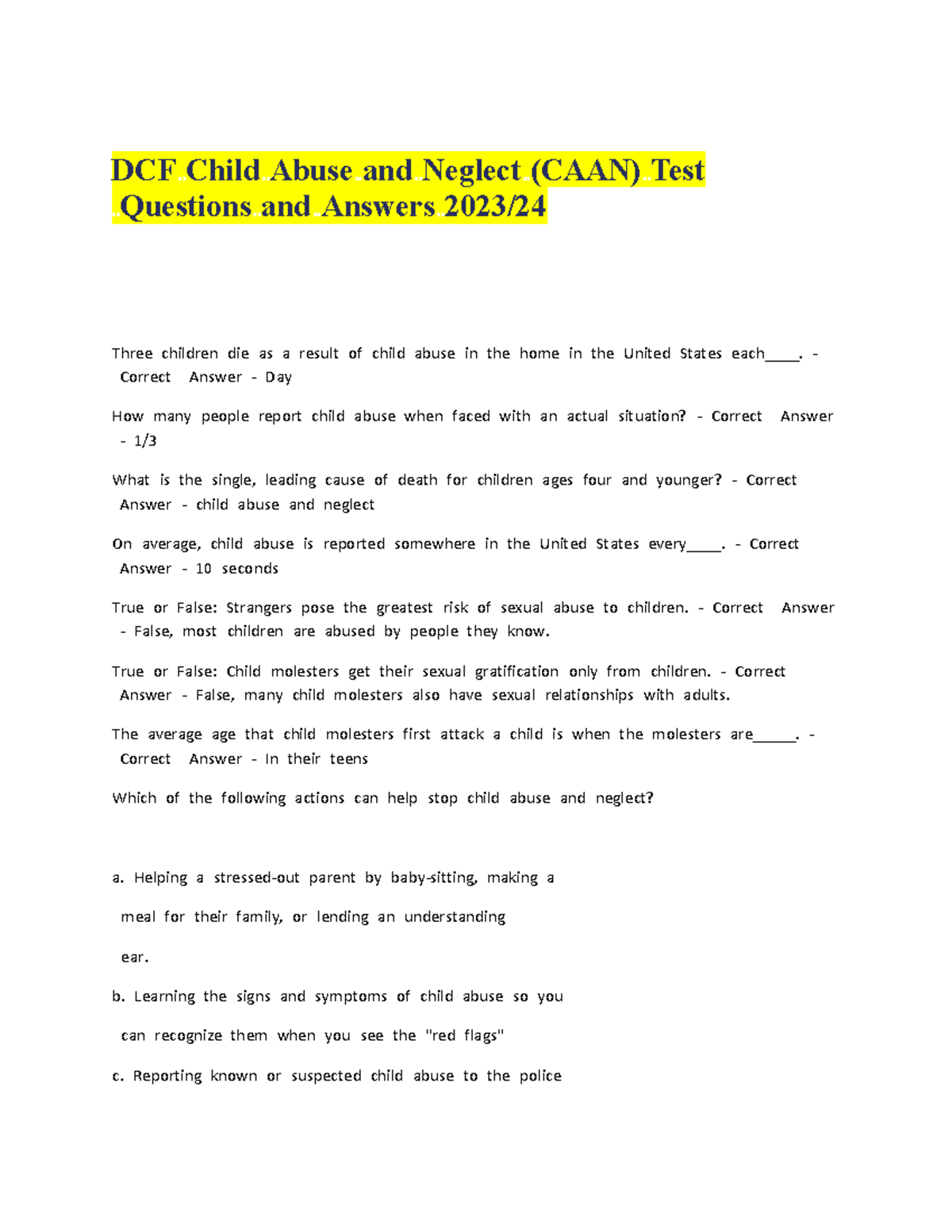 DCF Child Abuse And Neglect (CAAN) Test Questions And Answers 2023 24 ...