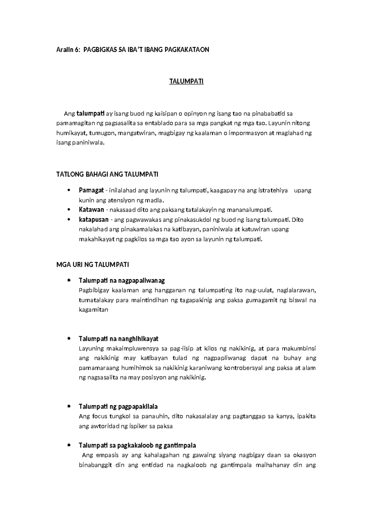 Mid4 - Aralin 6: PAGBIGKAS SA IBA’T IBANG PAGKAKATAON TALUMPATI Ang ...