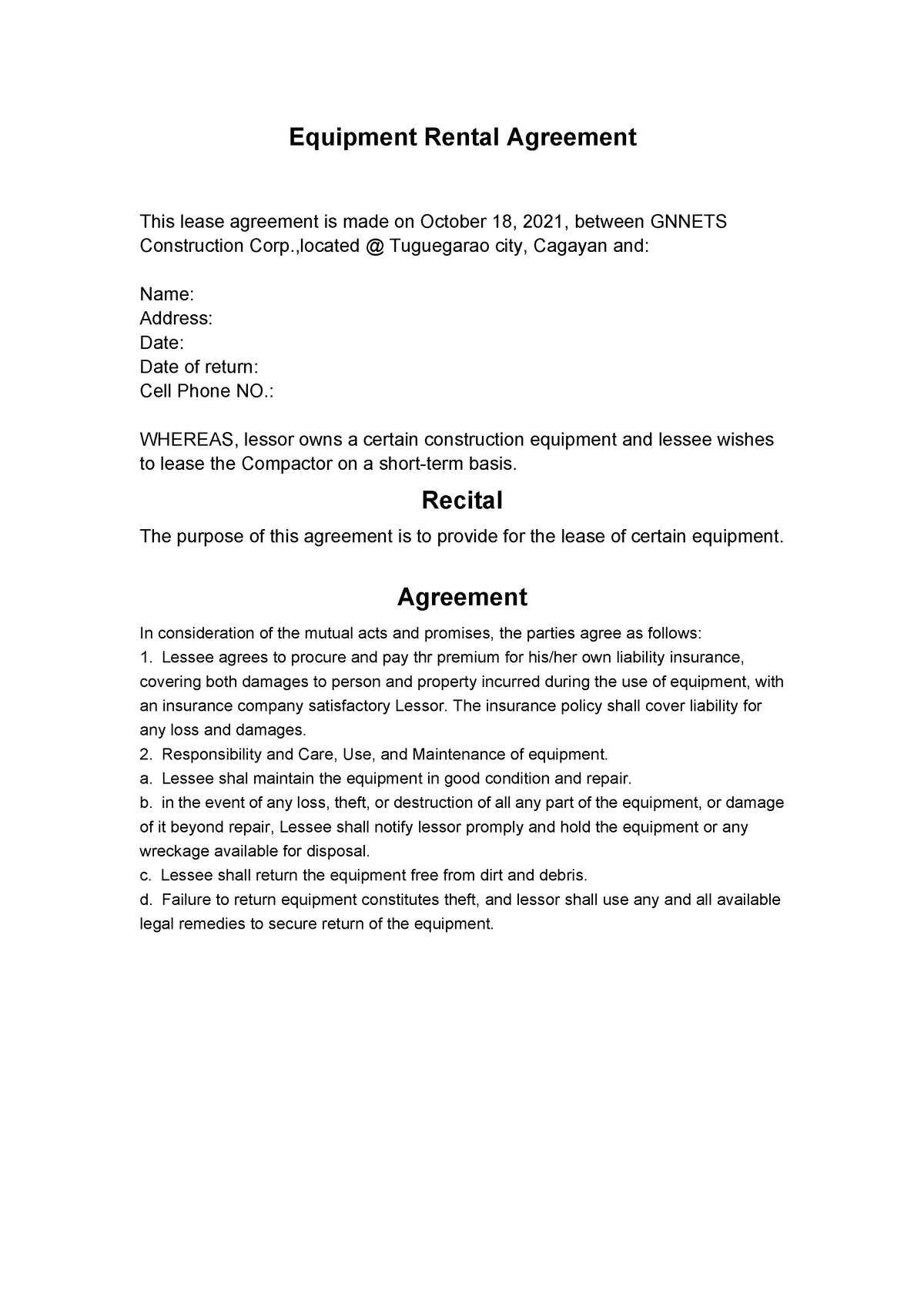 Agreement - Equipment Rental Agreement This lease agreement is made on ...