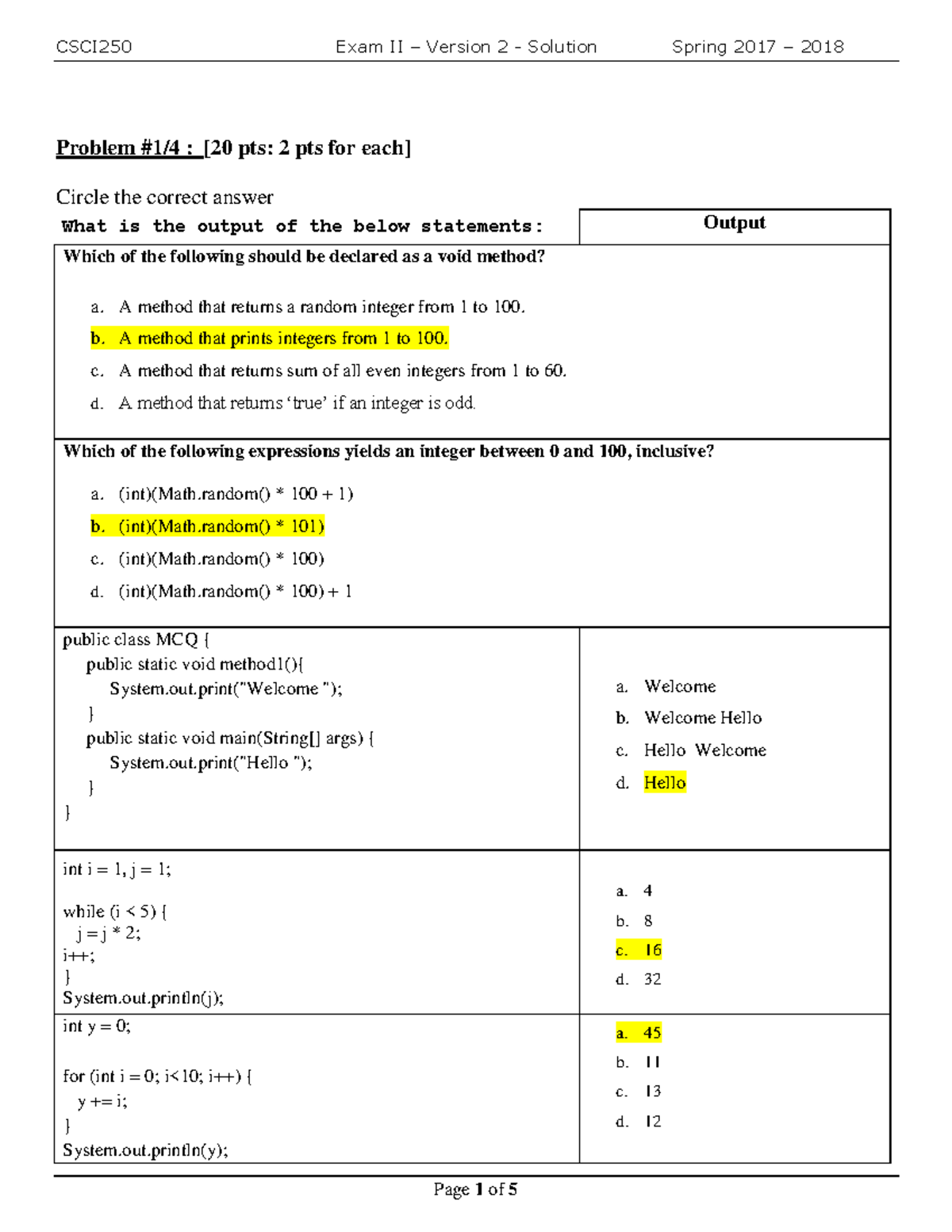 Exam, answers - Problem #1/4 : [ 20 pts: 2 pts for each] Circle the ...