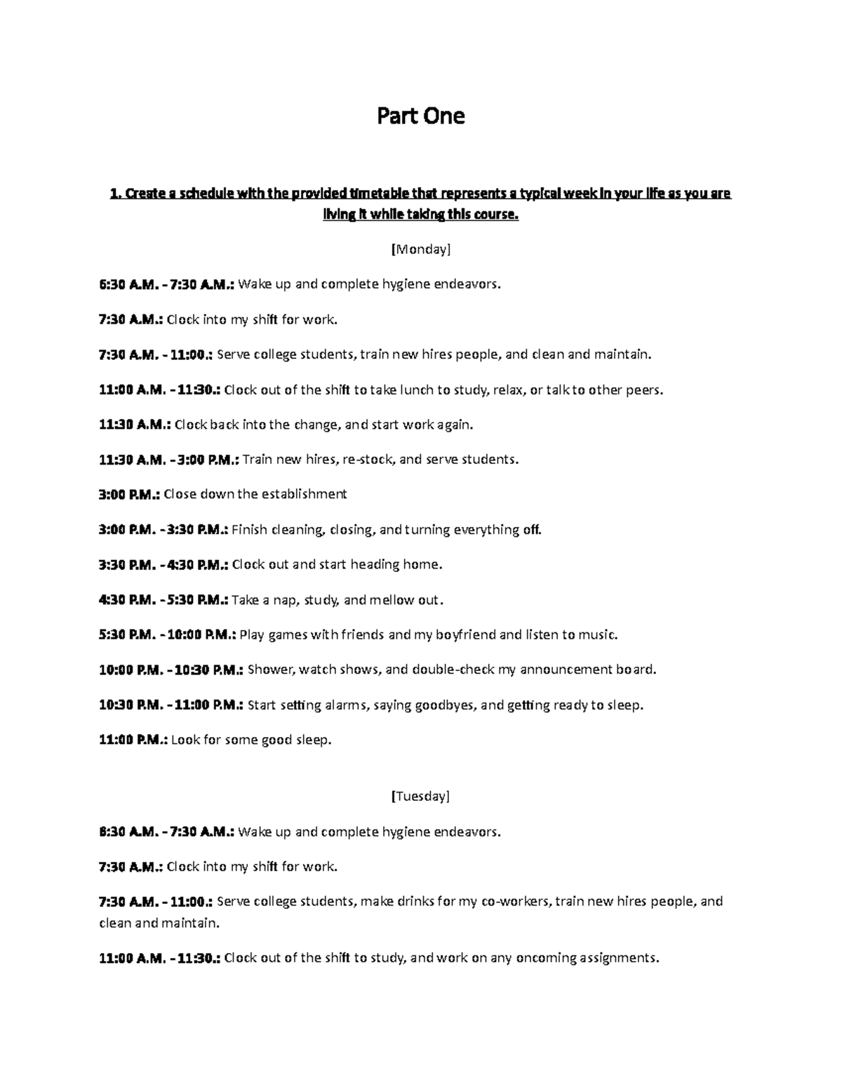 Final Exam - Part One Create a schedule with the provided timetable ...